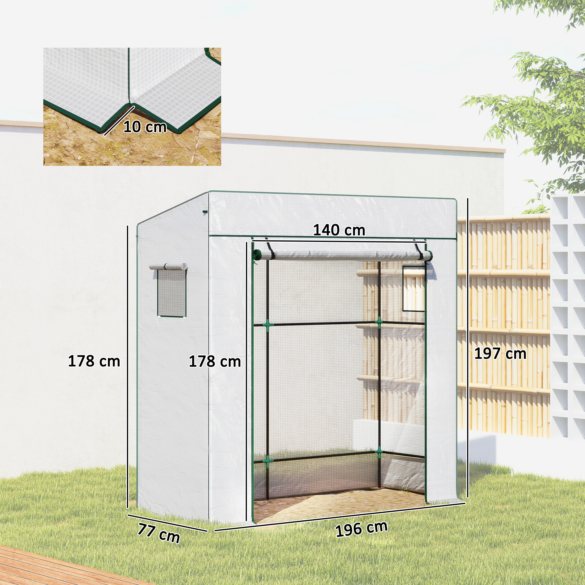 Tomatengewächshaus Foliengewächshaus mit Rolltor Mesh-Fenster Schrägdach 196 x 77 x 197 cm Weiß