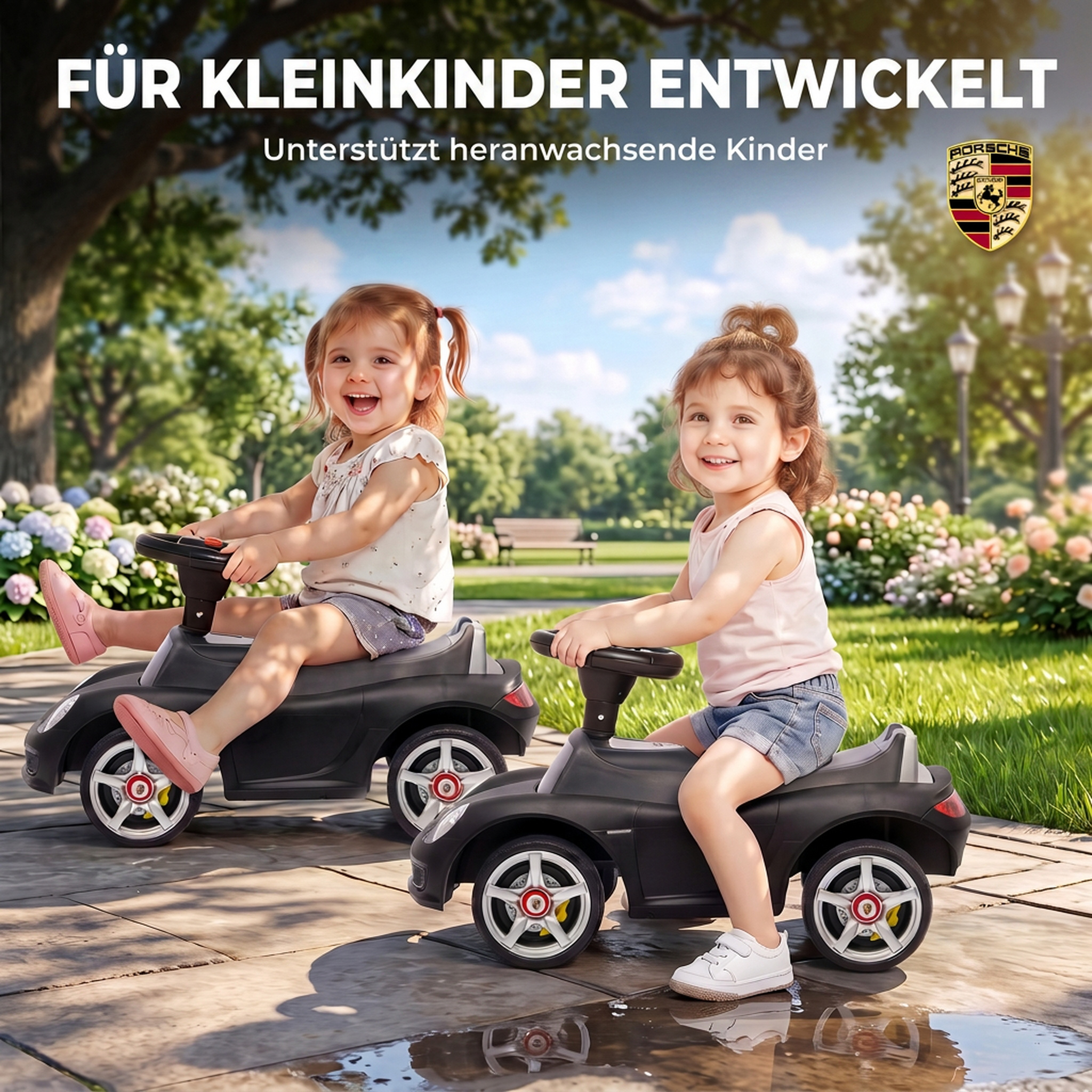 Rutschauto Kinder Porsche Rutschfahrzeug mit Hupe Licht Motorgeräuschen, für 18–36 Monate, Mattschwarz