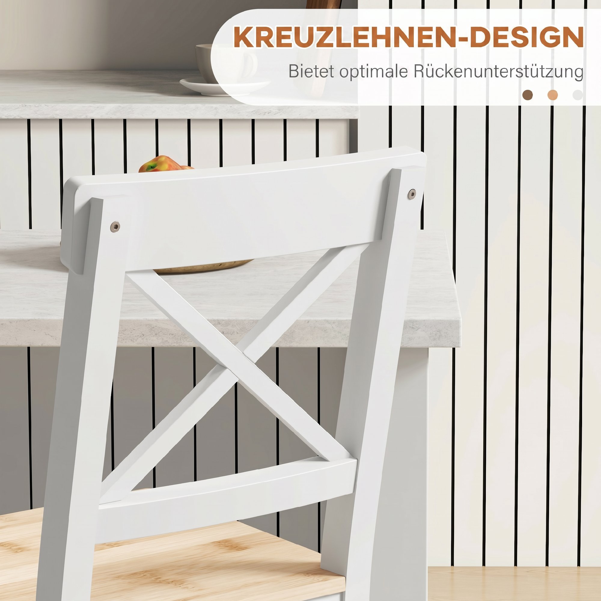 Barhocker 2er Set Barstuhl aus Kiefernholz mit Fußstütze, Lehne, Landhaus-Stil für Küche, Wohnzimmer, Natur