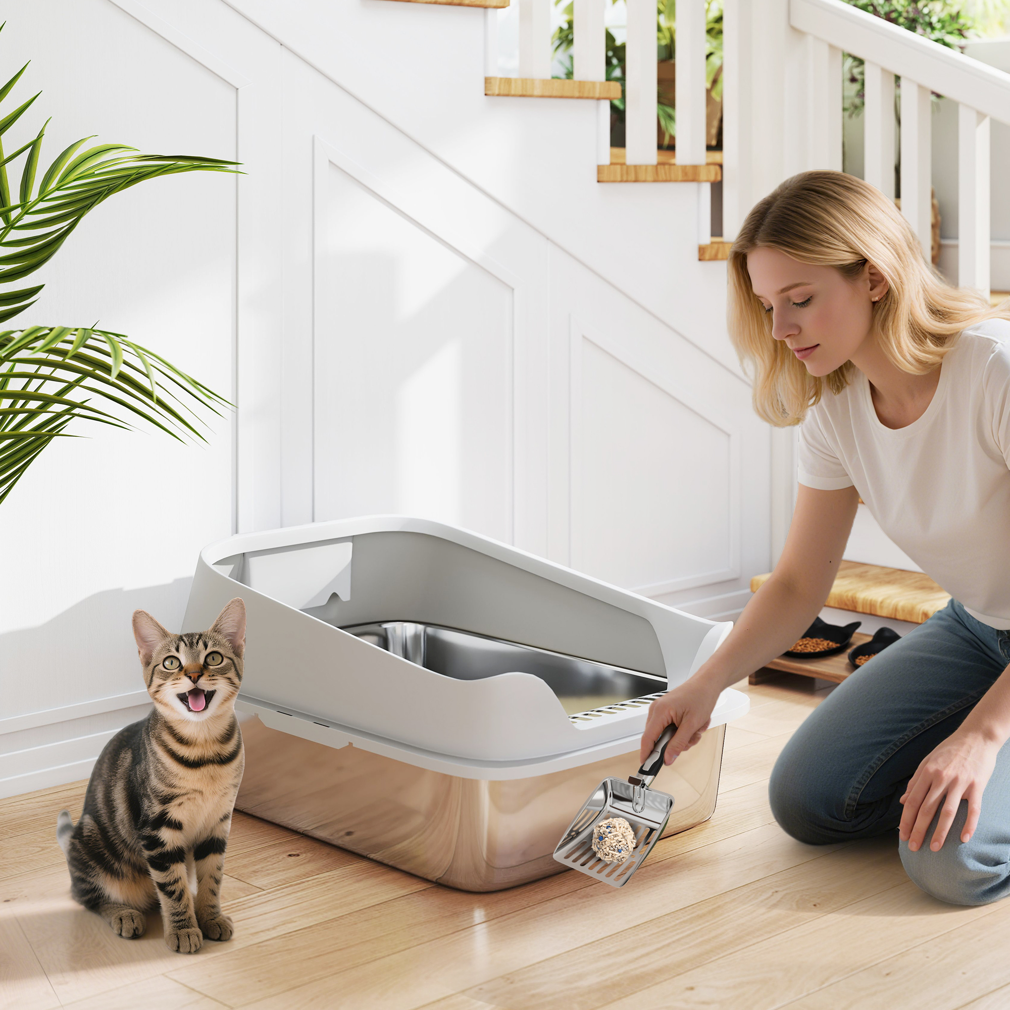 Katzentoilette Edelstahl Offene Katzenklo mit Schaufel hohem Rand für große Katzen bis 7 kg, 60,2 x 40,2 x 29,7 cm, Grau
