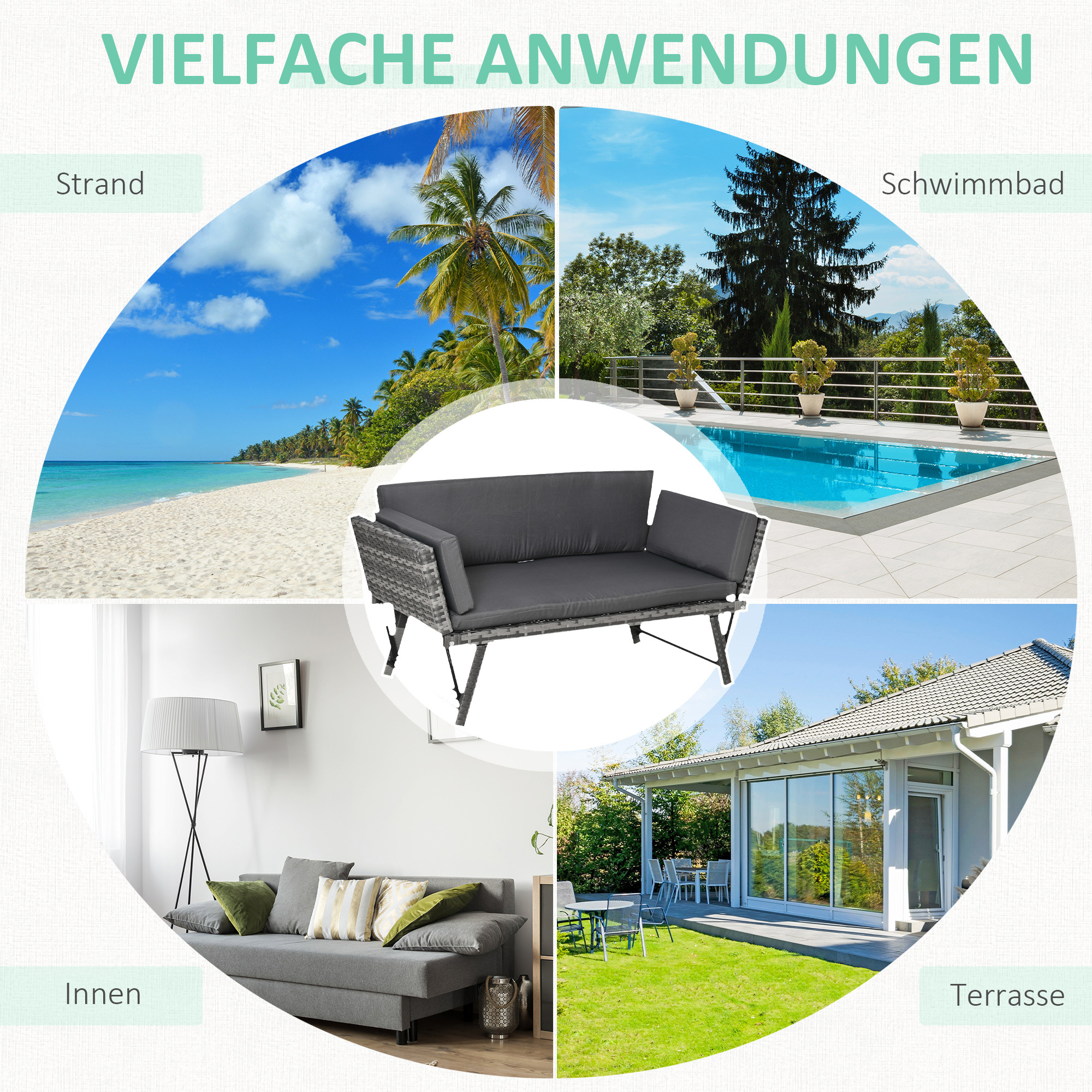 Polyrattan Gartensofa 2 Sitzer Gartenmöbel Loungesofa Gartenbank Gartenliege klappbar Armlehnen Stahl Grau 129 x 63 x 67 cm