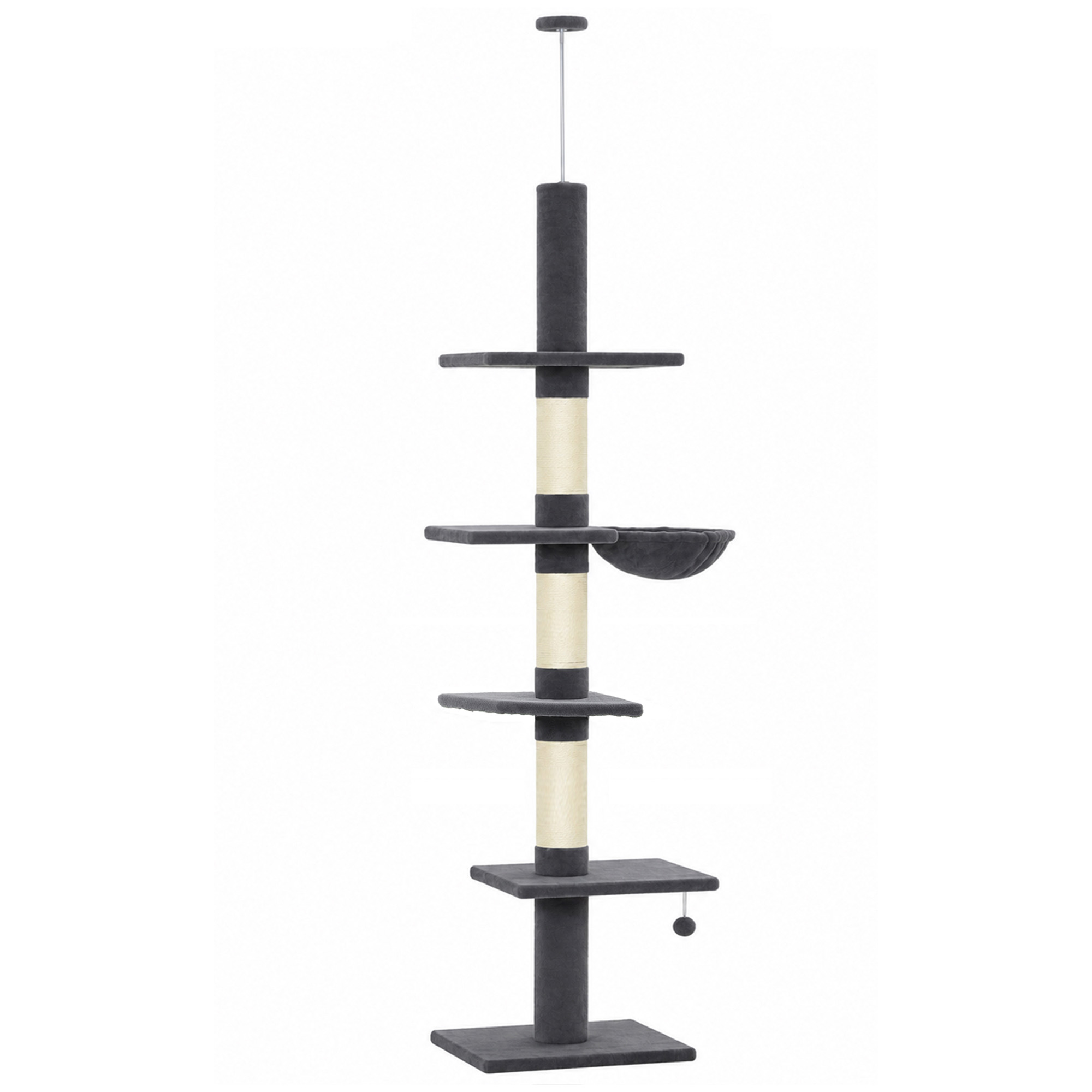 Kratzbaum Deckenhoch 225-255 cm höhenverstellbar Katzenbaum mit 5 Etagen 3 Sisal-Kratzstämmen, Hängematte, Plattformen
