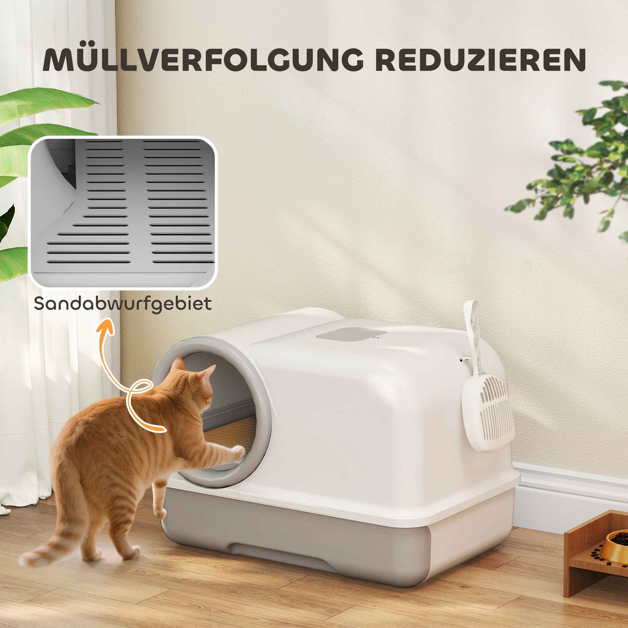 Katzentoilette mit Deckel Schaufel ausziehbares Tablett 2 Aktivkohlefilter für Katzen bis 5 kg 59x39,5x39,5cm Weiß+Grau