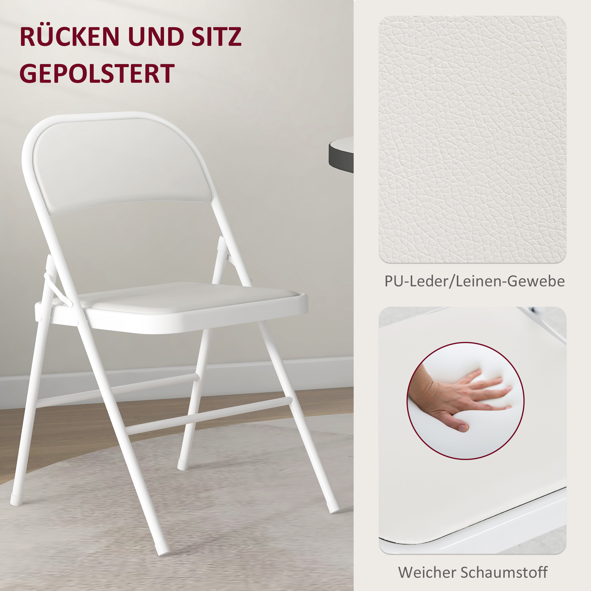 4er-Set Klappstühle, Tragbare Bürostühle, Metallbeine, Faltstuhl für Büro, Empfang, Wartezimmer, Kunstleder, Weiß
