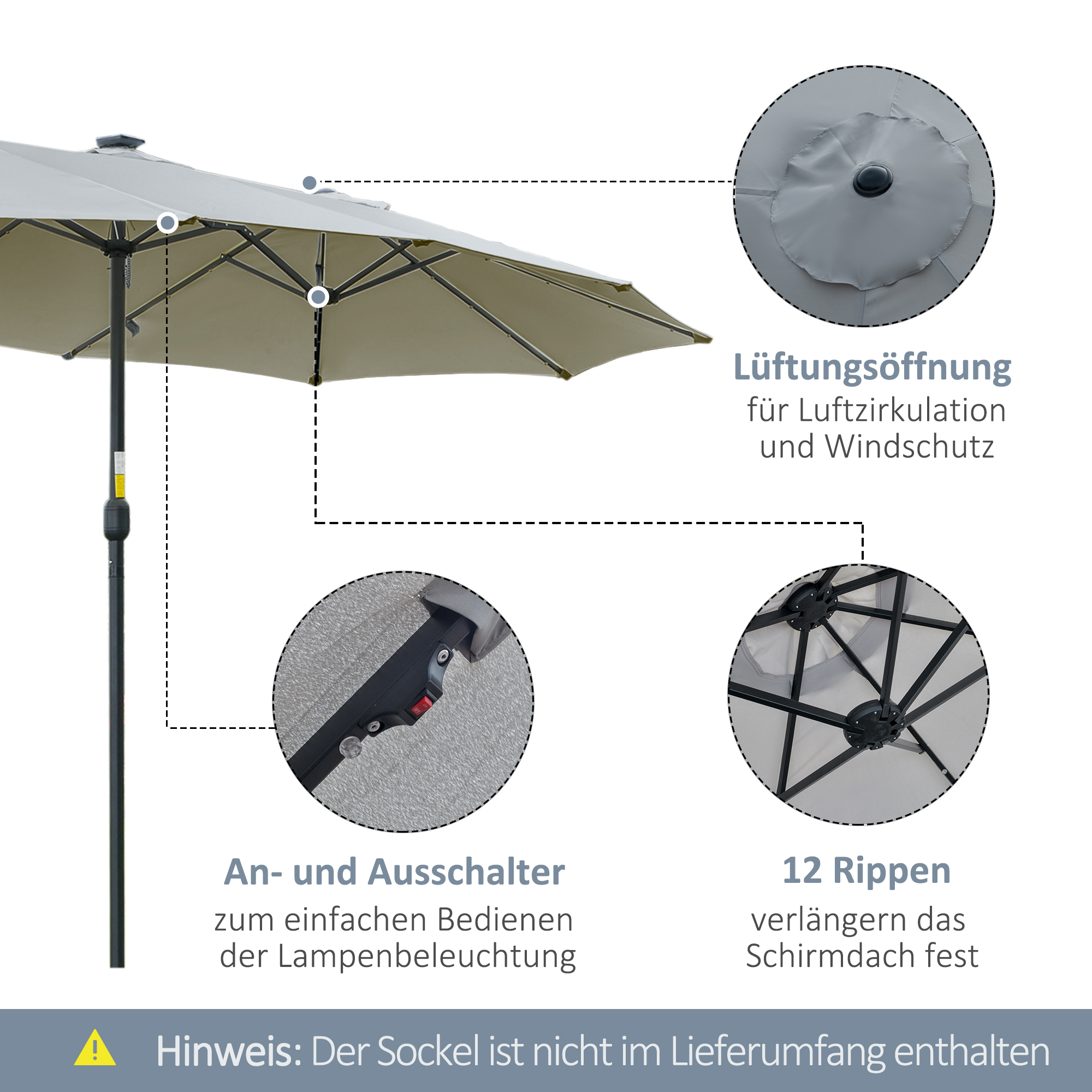 Sonnenschirm mit LED Solar 4,5m Doppelsonnenschirm Gartenschirm Marktschirm Terrassenschirm Oval Hellgrau+Schwarz