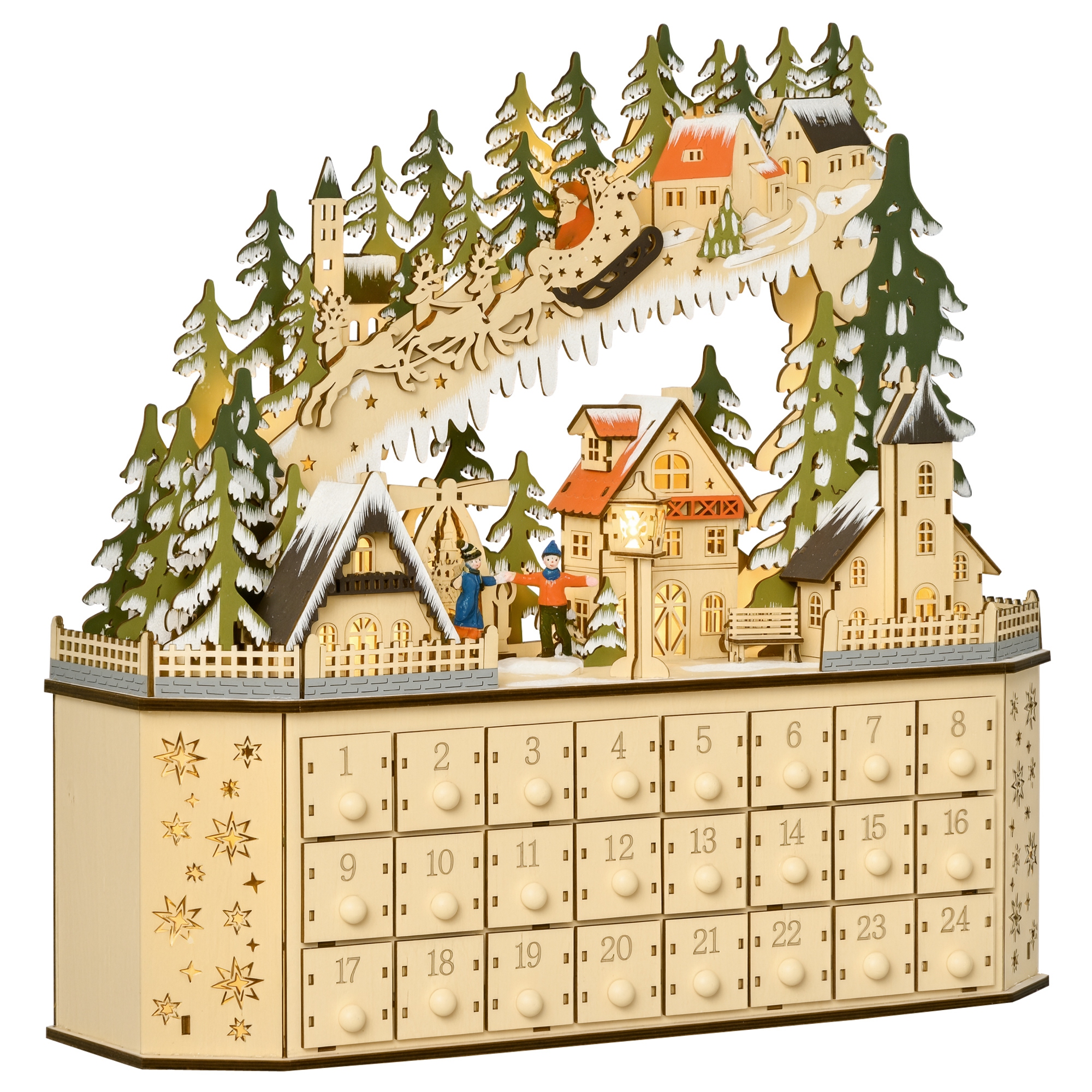 Adventskalender Weichnachtsdekoration Weihnachtsdeko, 24 Schubladen, LED-Lichter, 39 cm x 9 cm x 42 cm, Weiß + Grün Adventskalender Weichnachtsdekoration Weihnachtsdeko, 24 Schubladen, LED-Lichter, 39 cm x 9 cm x 42 cm, Weiß + Grün