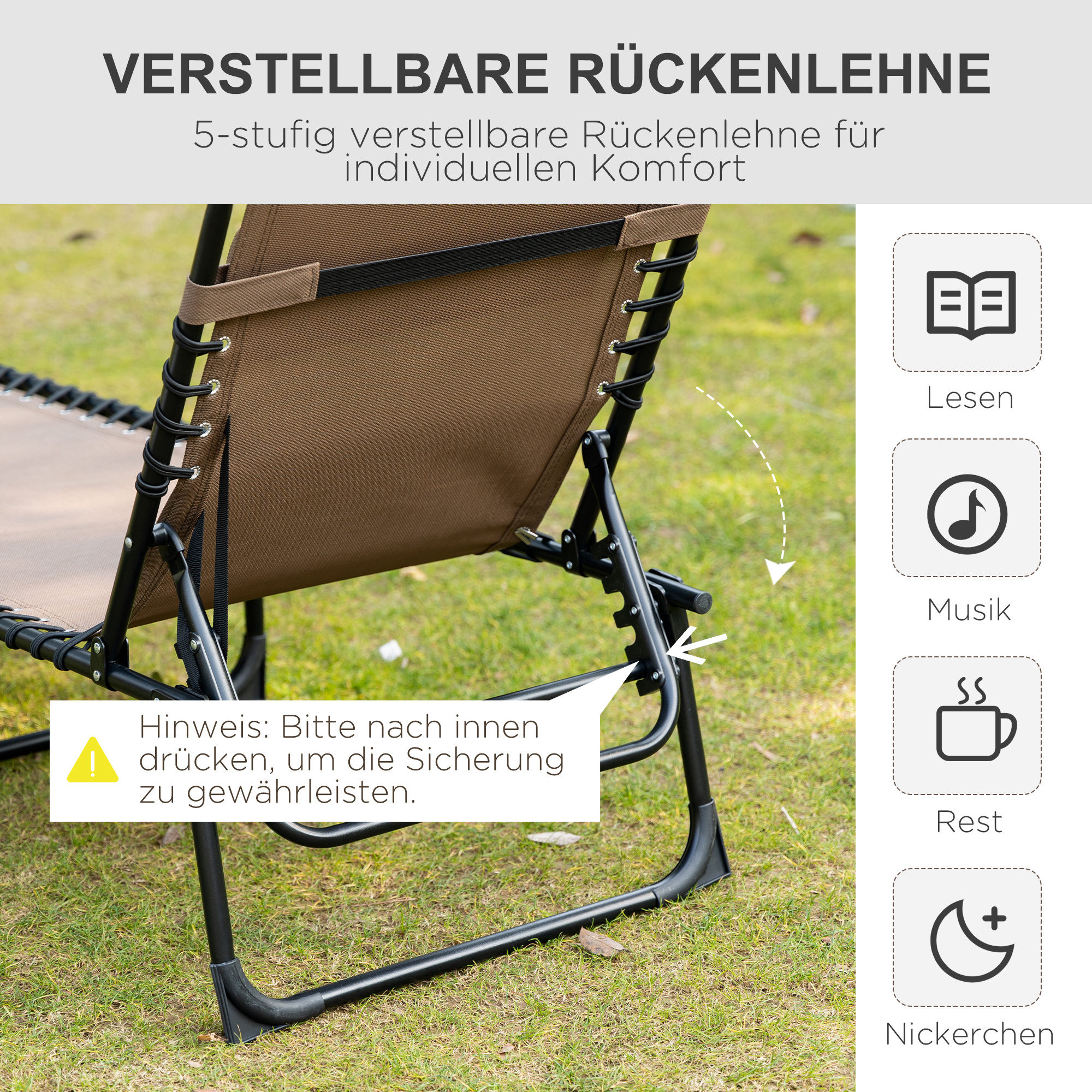 Liegestuhl, Zusammenklappbare Liege mit Nackenkissen, Stahlrahmen, Netzstoffbezug, 120 kg Belastbarkeit, Braun