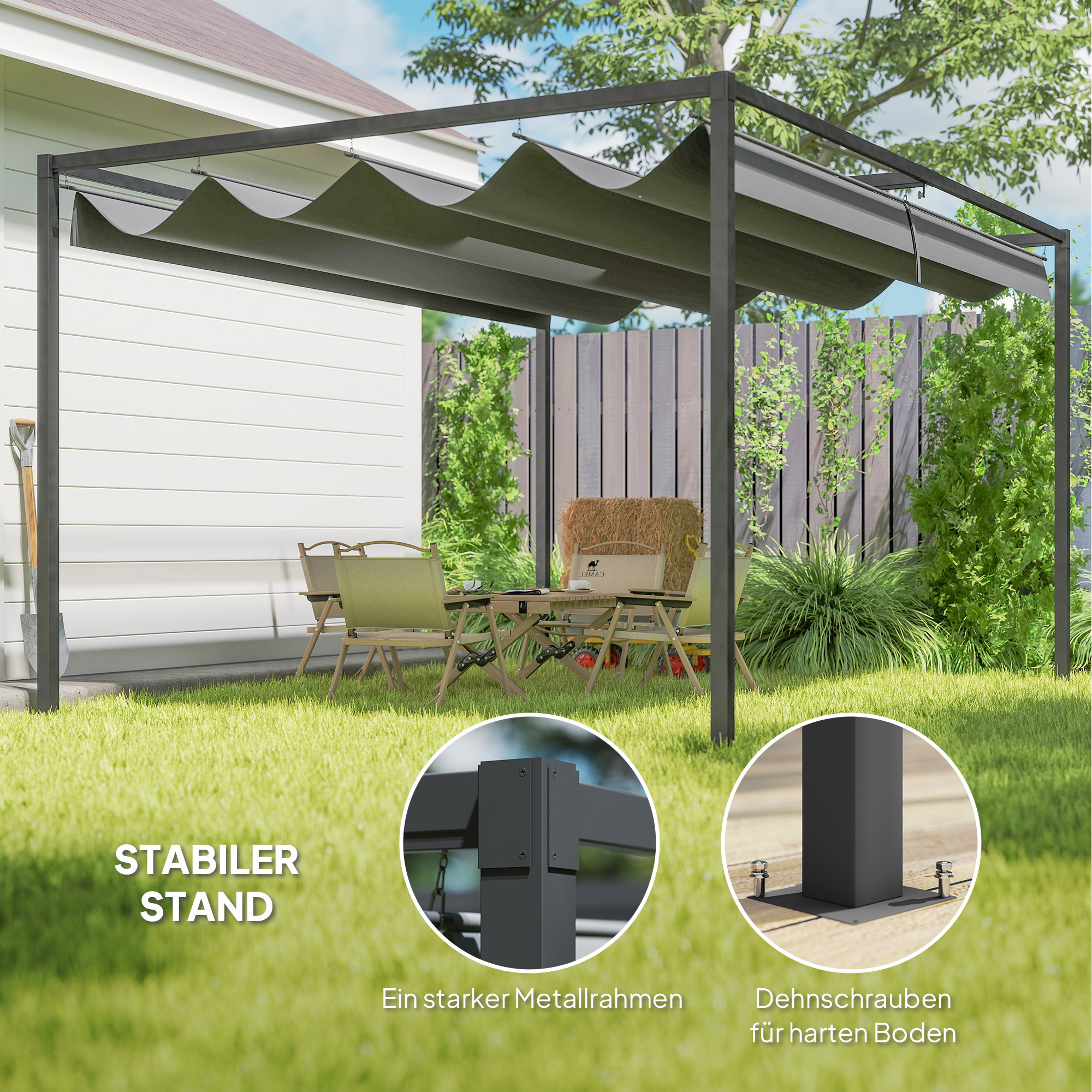 Pergola, Robuster Sonnenschutz für Garten, Balkon, Terrasse, aus Metall und Kunststoff, UV- und wasserabweisend, Dunkelgrau