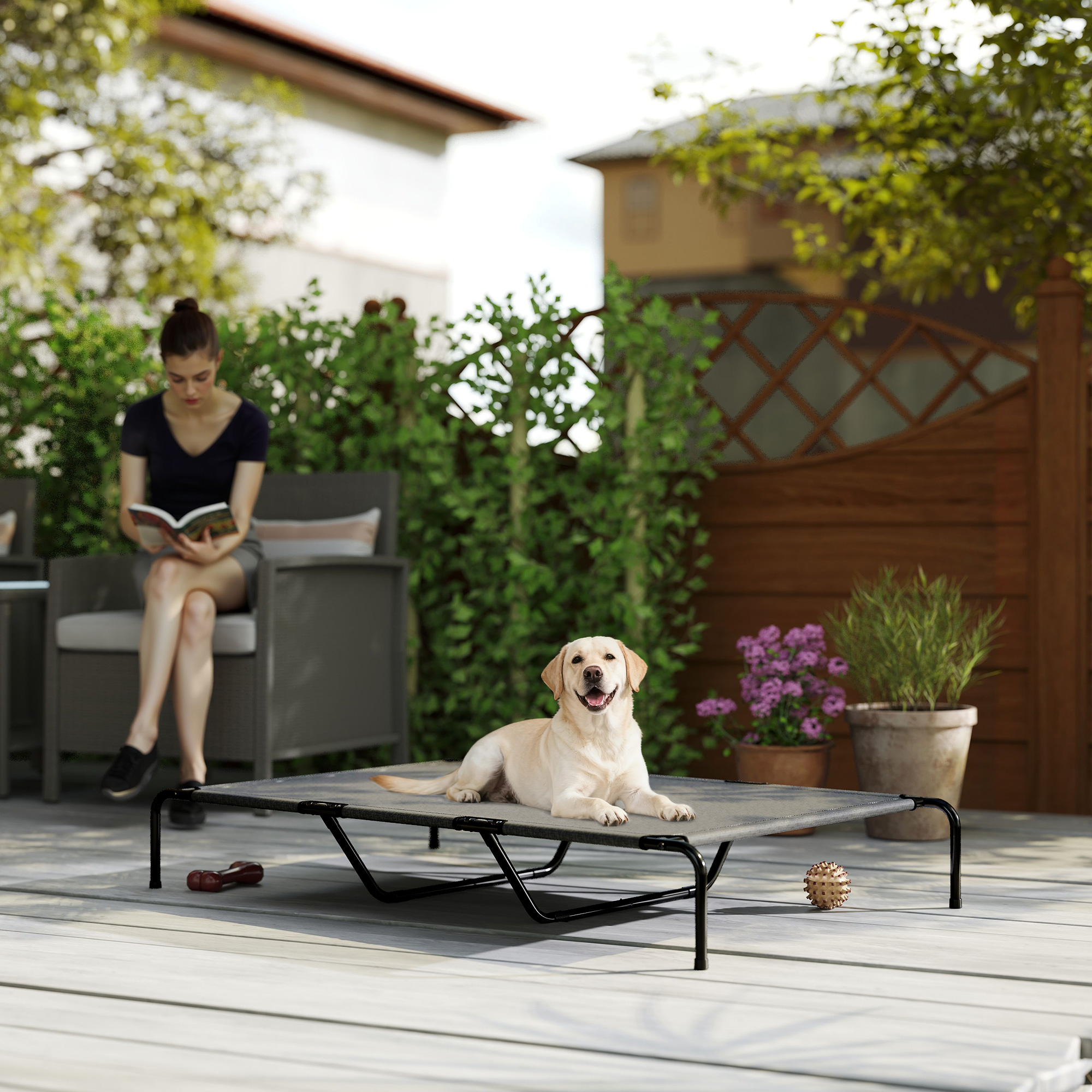 Hundeliege Outdoor, Erhöhtes Hundebett für große Hunde, mit Waschbares Mesh Stahlrahmen, 152 x 94 x 23 cm, Grau