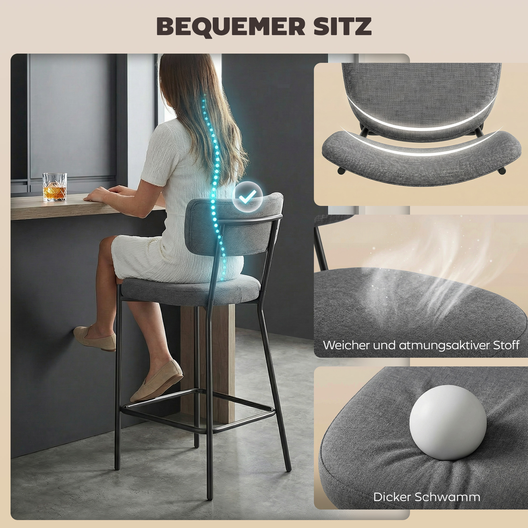 Barhocker im 2er-Set, Polster-Barstühle mit geschwungener Rückenlehne, für Kücheninsel, Frühstücksbereich, Grau