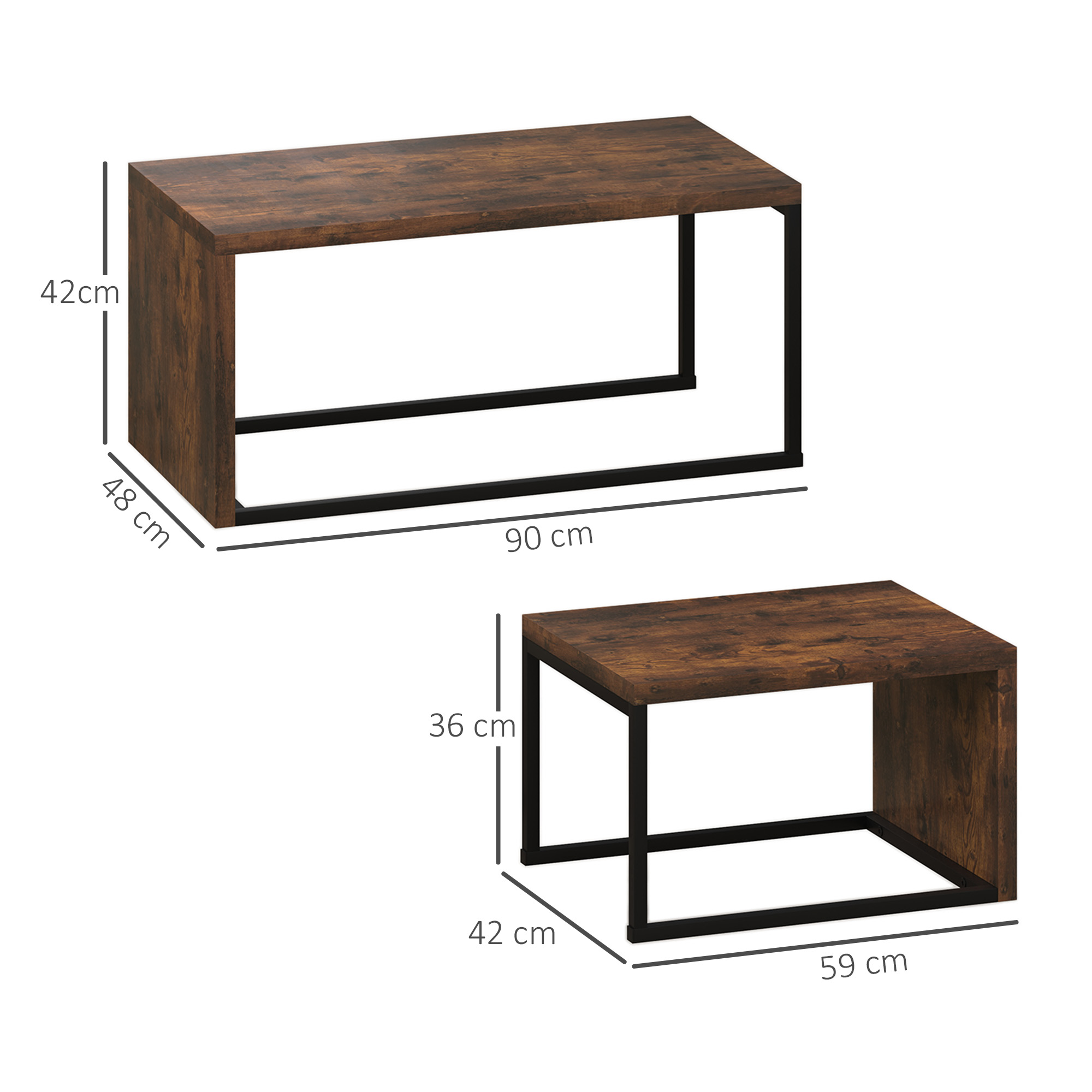 2er-Set Couchtisch, Sofatisch, Beistelltisch, Spanplatte, Metall, 90 x 48 x 42 cm/59 x 42 x 36 cm, Schwarz+Braun