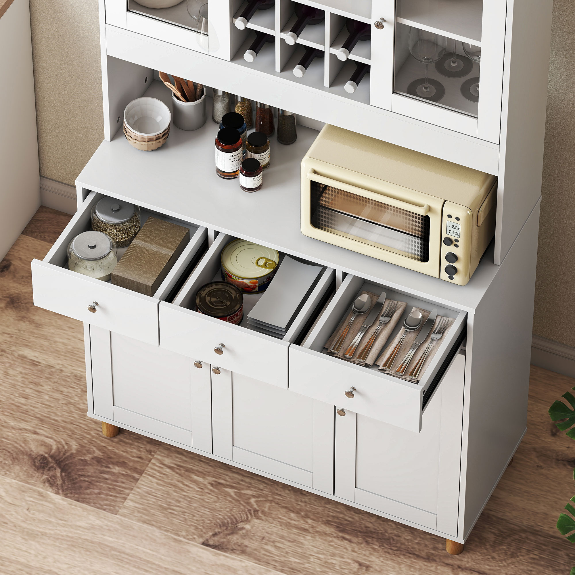 180 cm Küchenschrank, 2 Glastüren, 3 Schubladen, 4 verstellbare Regale, Esszimmerschrank, Spanplatte, Weiß