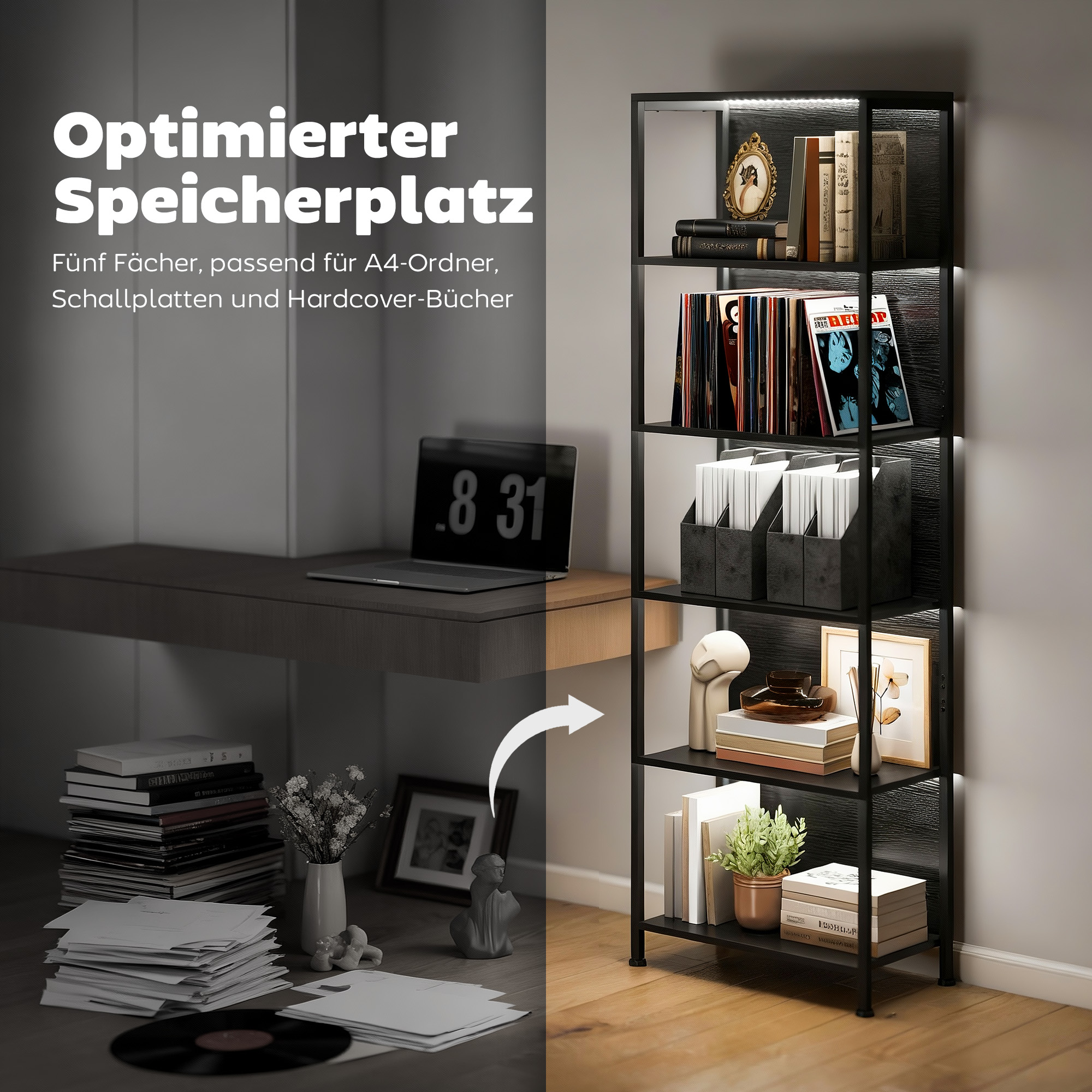 Bücherregal mit 5 Ebenen Standregal mit LED-Beleuchtung, 7 Lichtfarben, für Wohnzimmer, 60 x 30 x 179 cm Schwarz