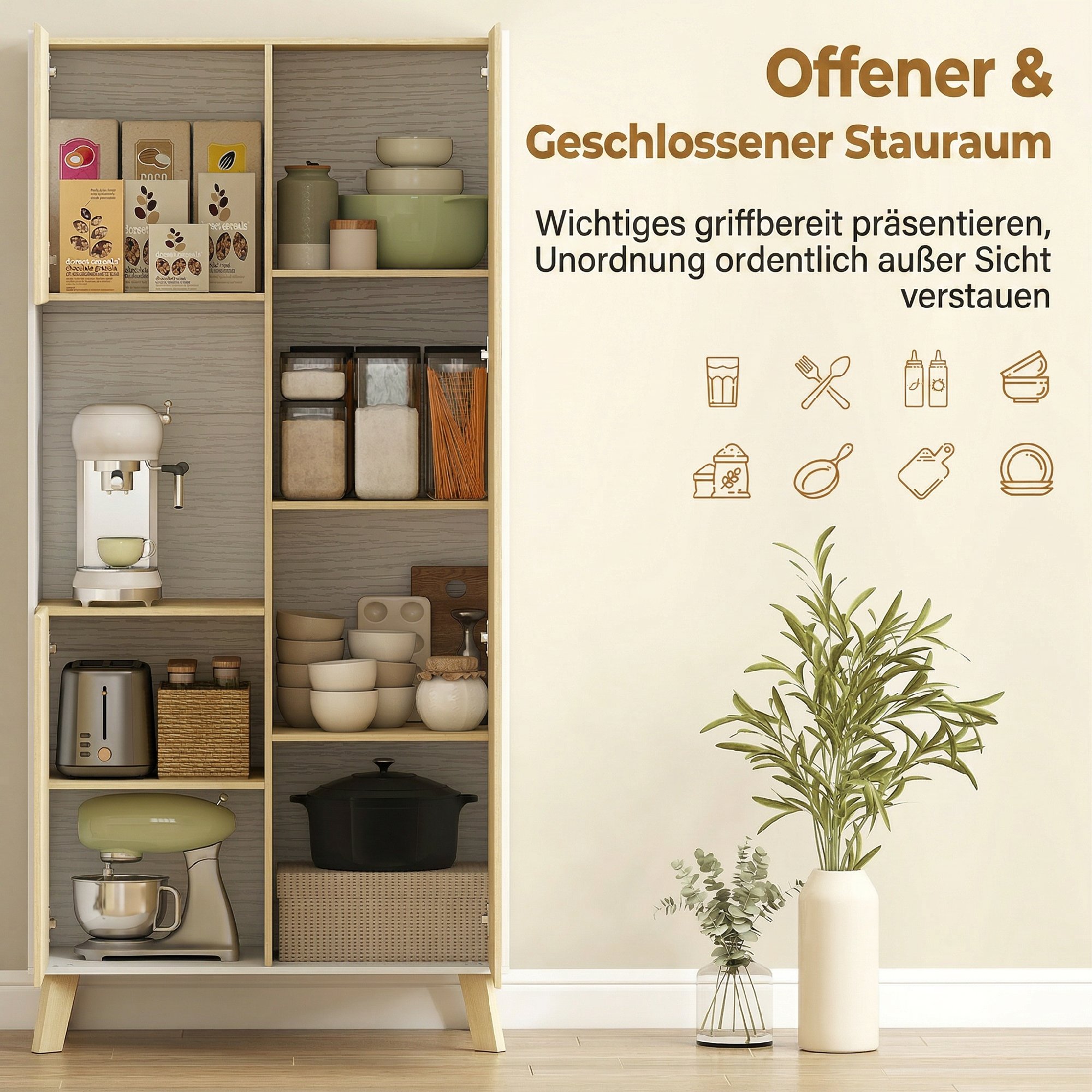 170 cm Küchenschrank, Moderner Schrank mit offenem Fach, verstellbaren Regalen, Naturholz-Optik