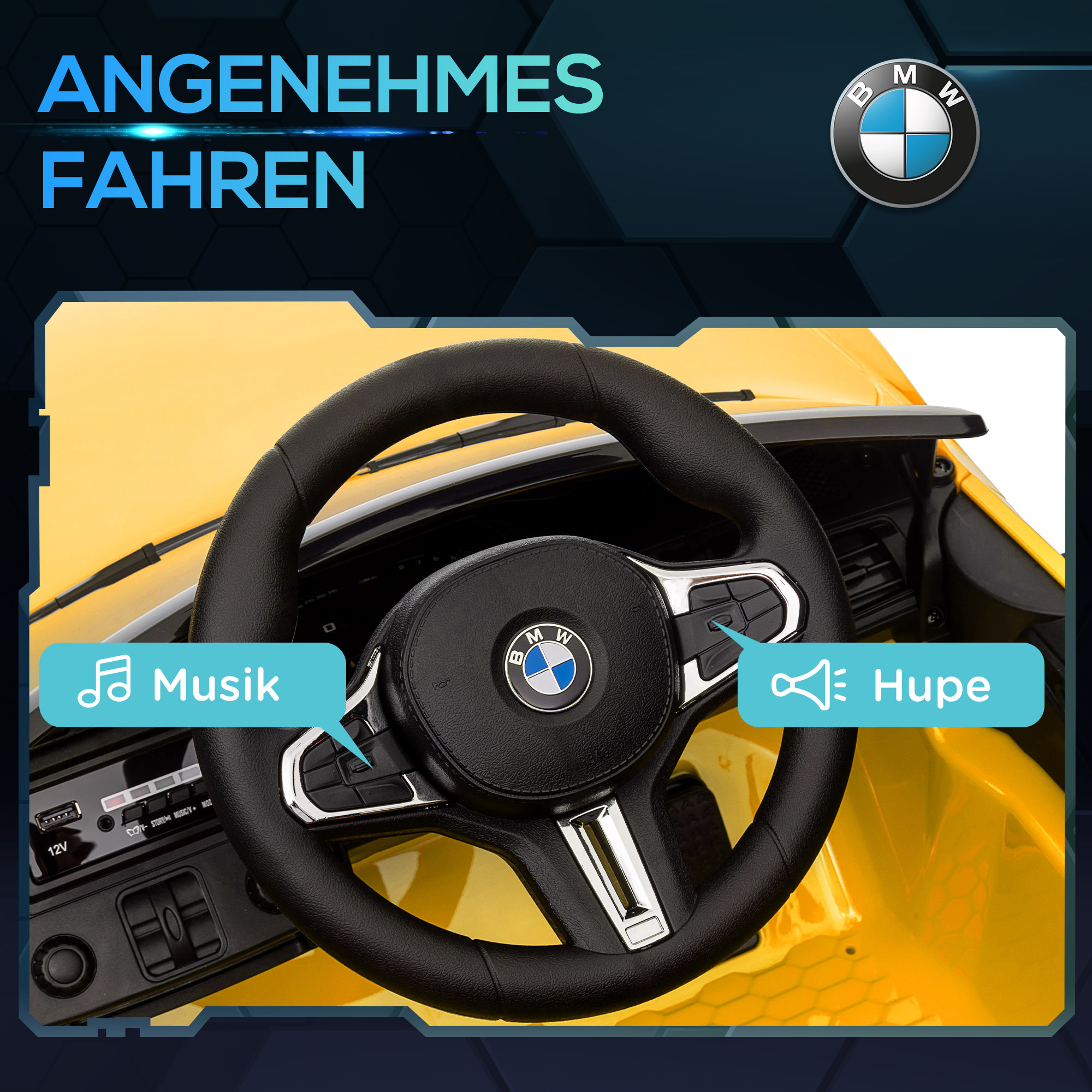 Elektro Kinderauto BMW M4, Sound & Licht, 3-5 km/h, inkl. Fernsteuerung, für 3-5 Jahre, Gelb