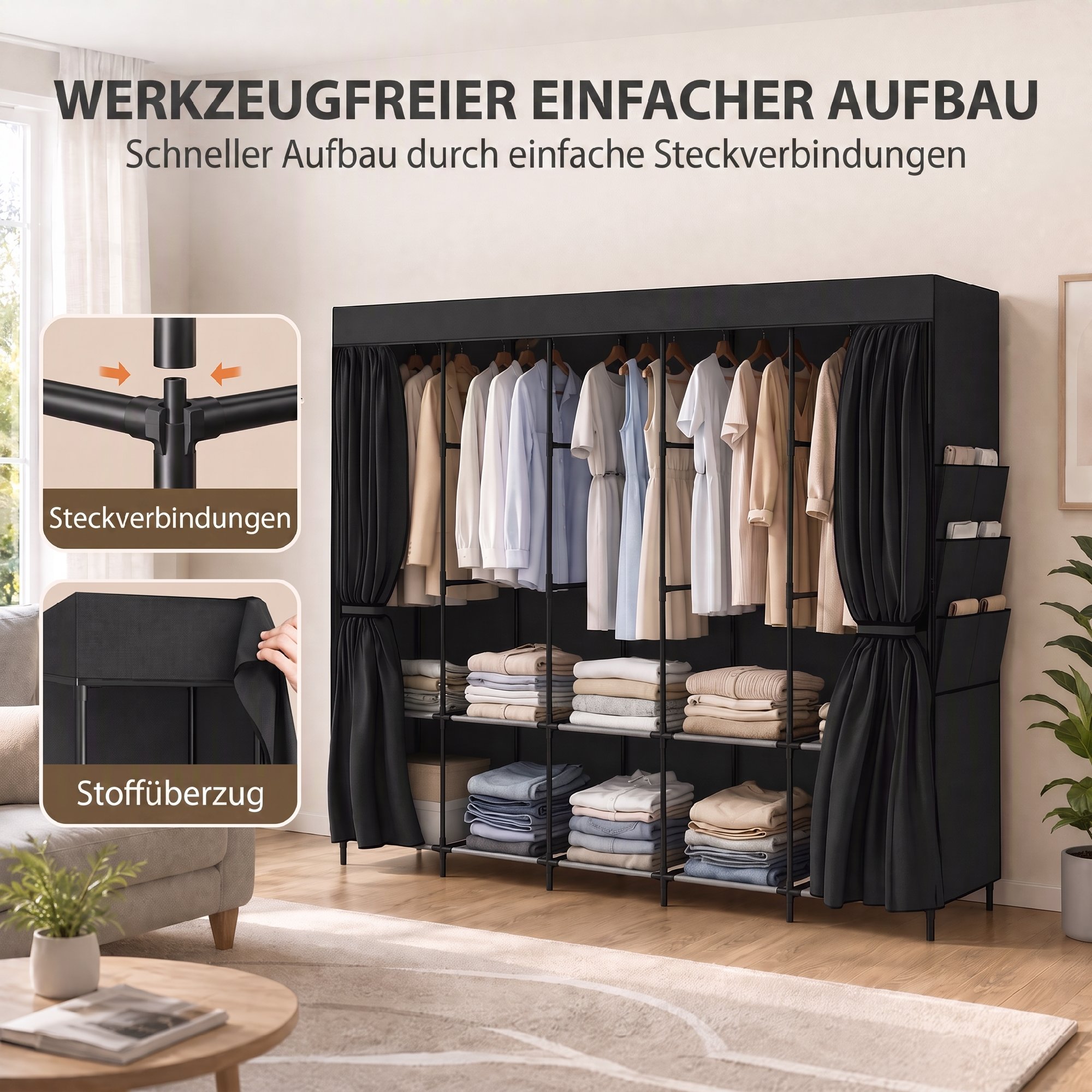 Stoff-Kleiderschrank, staubdicht, tragbar, 5 Kleiderstangen, 212 x 45 x 167 cm, Schwarz