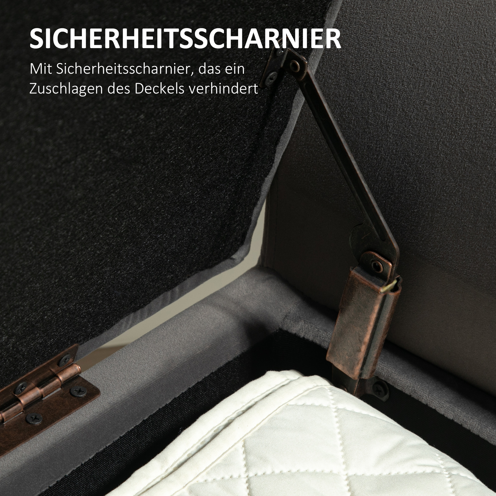 Polsterbank mit Stauraum, Truhenbank mit Armlehnen, 46 cm Sitzhöhe, samtartiges Polyester, 111,5 x 41 x 65 cm, Dunkelgrau