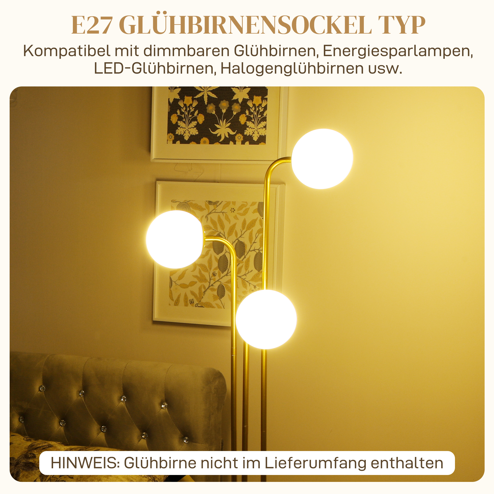 Moderne Stehlampe mit 3 Lampenschirmen, mit Fußschalter, für Wohnzimmer, Schlafzimmer, 3 x E27-Fassung, Goldton