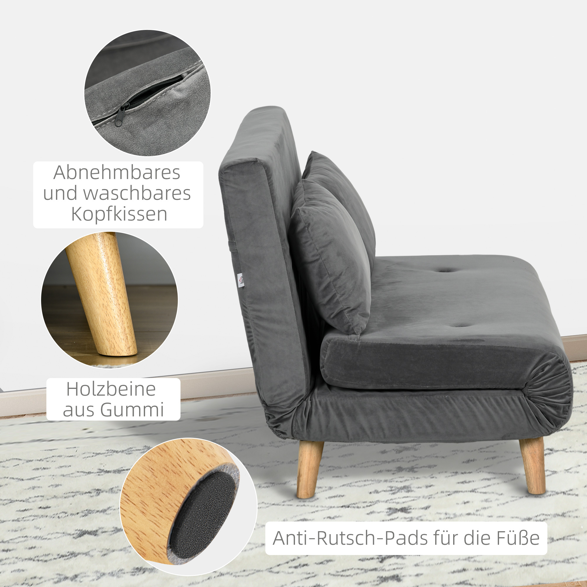 Schlafsofa Relaxsofa Sofa Couch, inkl, 2 Kissen, Samtoptik, 130 x 78 x 79 cm, Grau