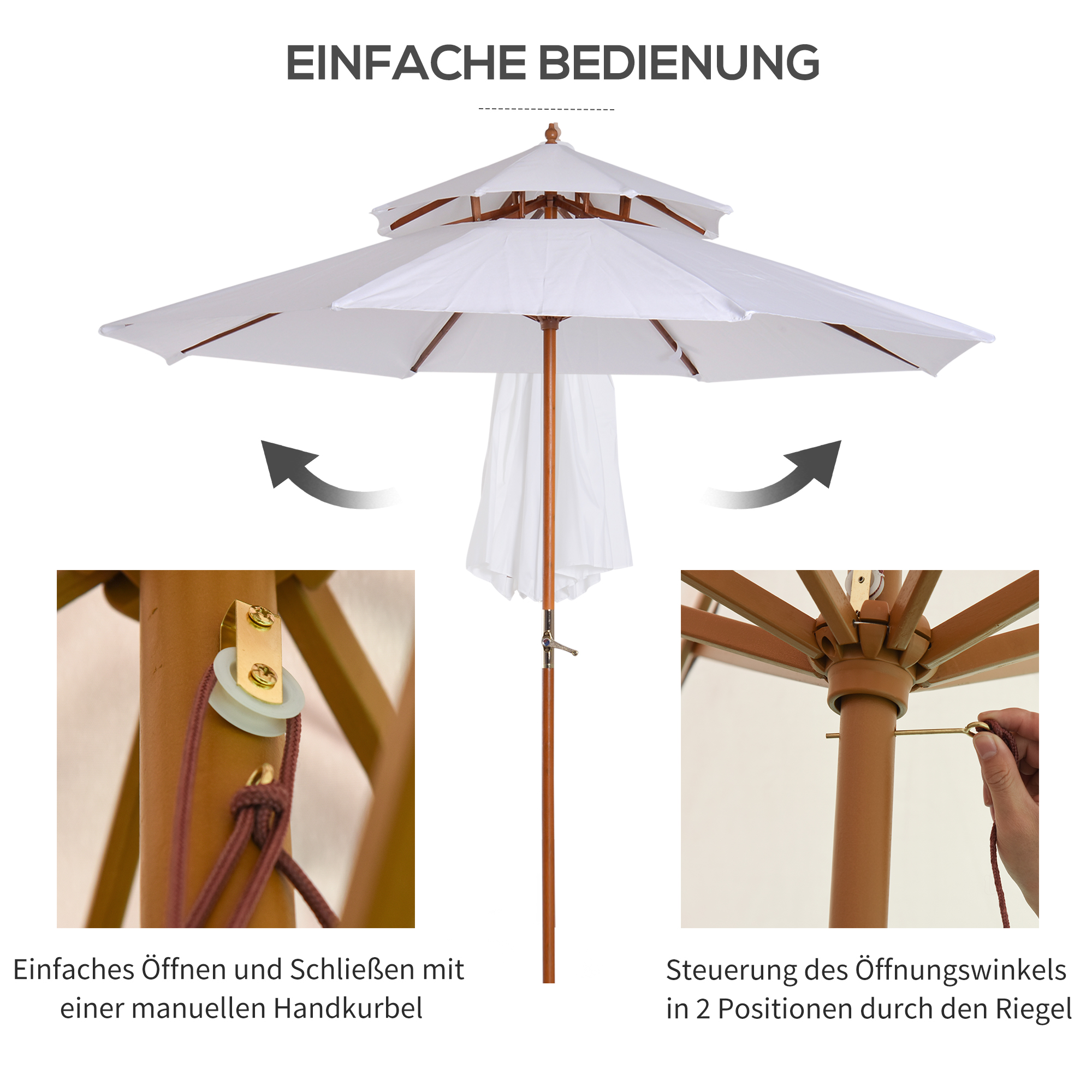 Holz Sonnenschirm Holzschirm Gartenschirm Balkonschirm Doppeldach Creme