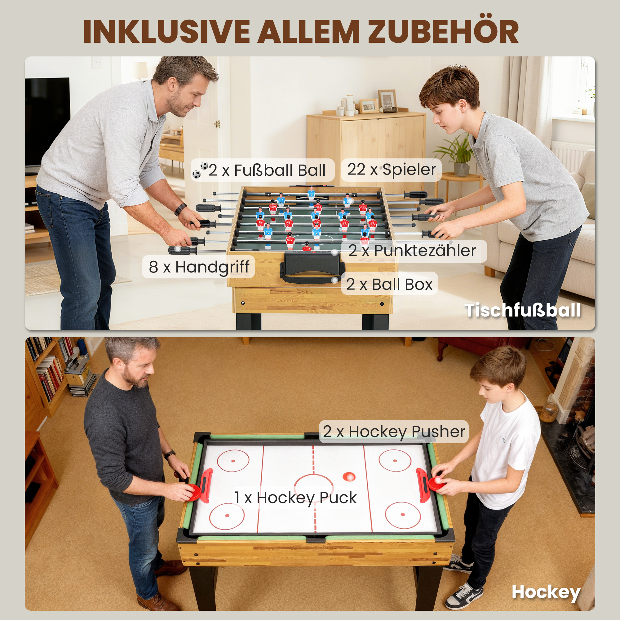 13-in-1 Spieletisch, Tischfußball, Schach, Billard, Tischtennis und mehr, MDF, Kunststoff, Walnuss