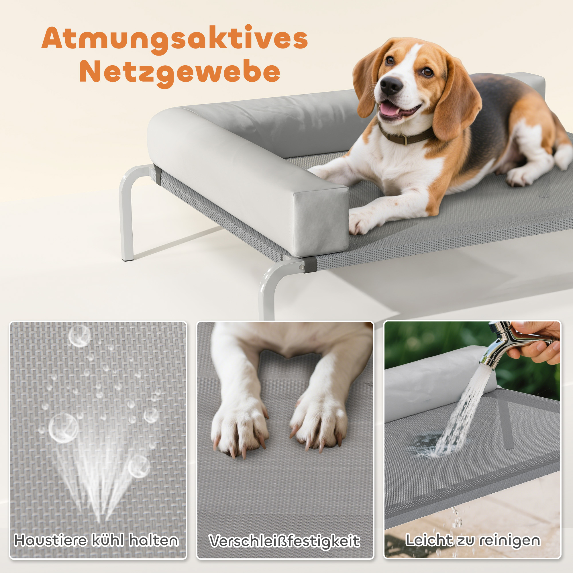 Hundeliege Outdoor, Erhöhtes Hundebett für Mittelgroße Hunde, mit L-förmige Kissen 110x75x30cm, Hellgrau