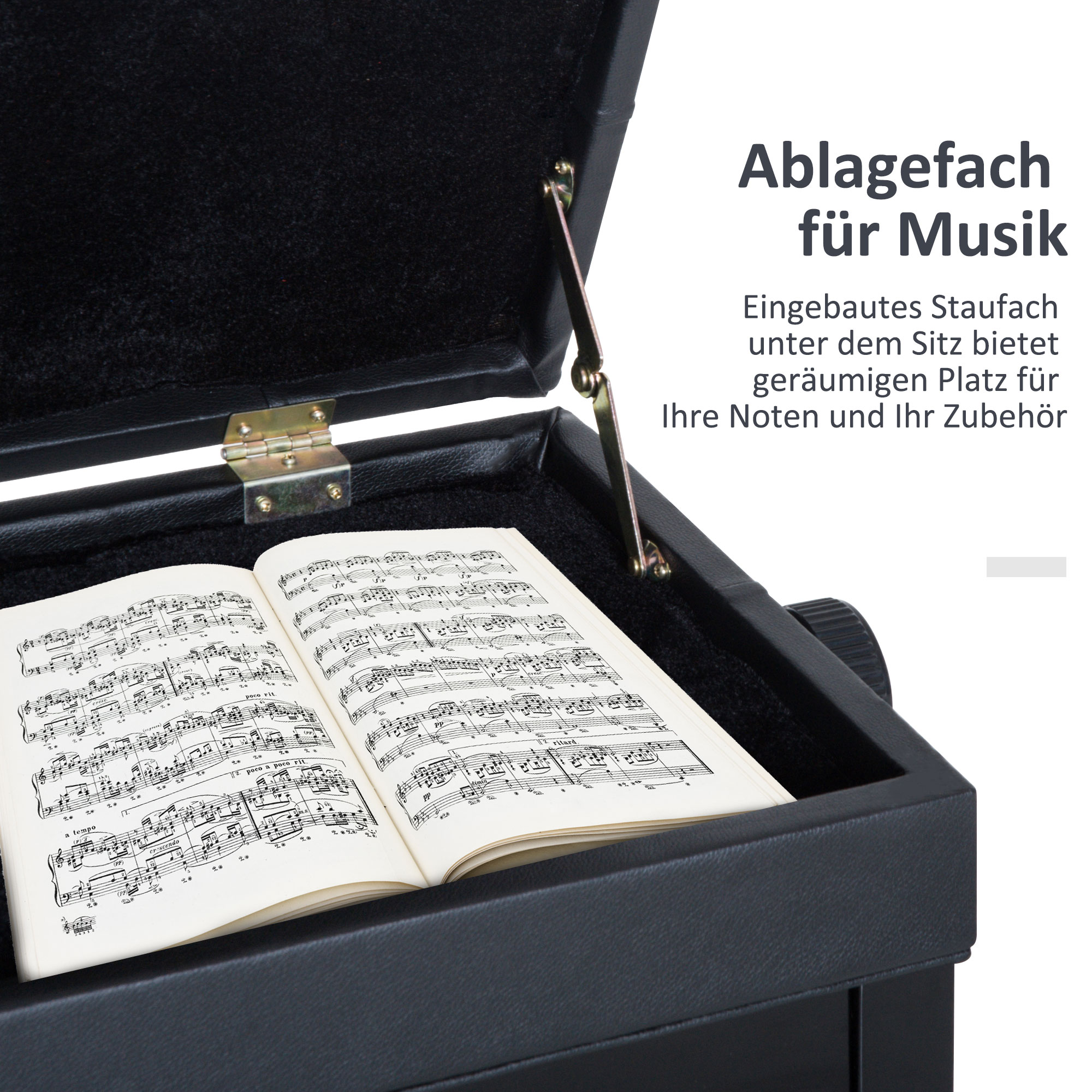 Klavierbank Höhenverstellbar Sitzbank mit Stauraum, Holzbeine, Klavierhocker aus Kunstleder, für Musikzimmer, belastbar bis 200 kg, 54,5 x 33 x 48-58 cm, Schwarz