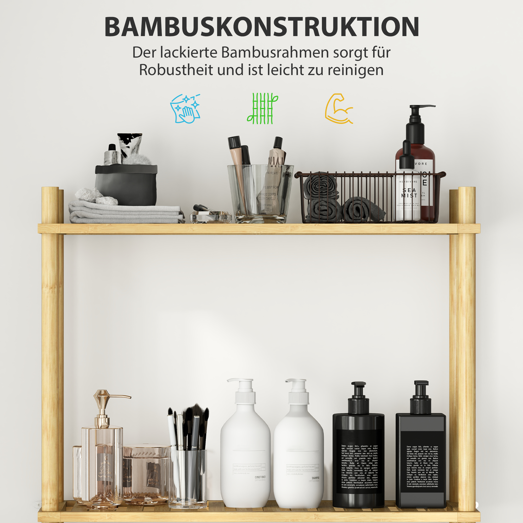 Toilettenregal 3 Ebenen Badezimmerregal, platzsparend Naturholz 69 x 25,5 x 181 cm