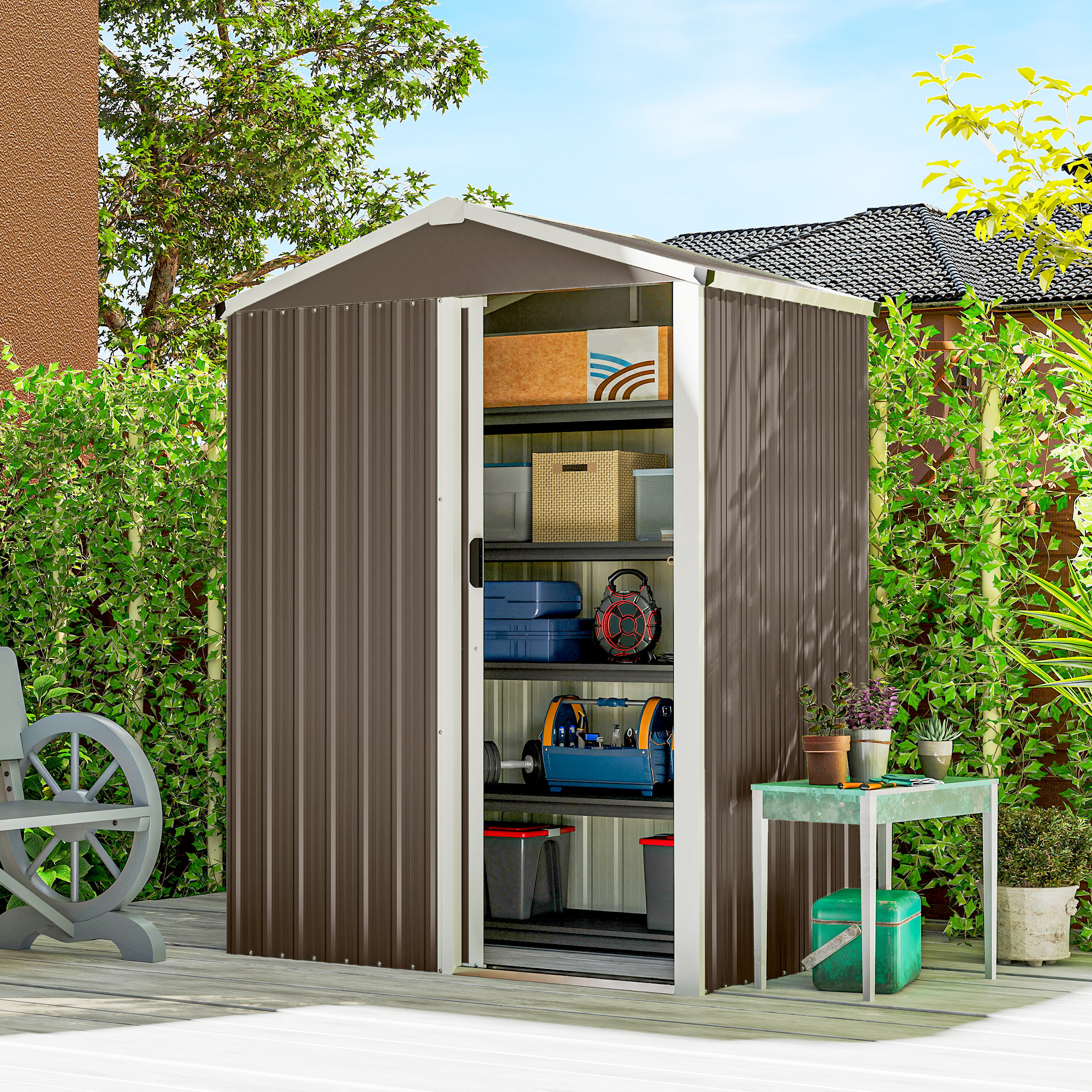 Metall Gerätehaus 1,1 m², Geräteschuppen mit Sattedach Abschließbarer Schiebetür Handschuhen, 136 x 87 x 179 cm