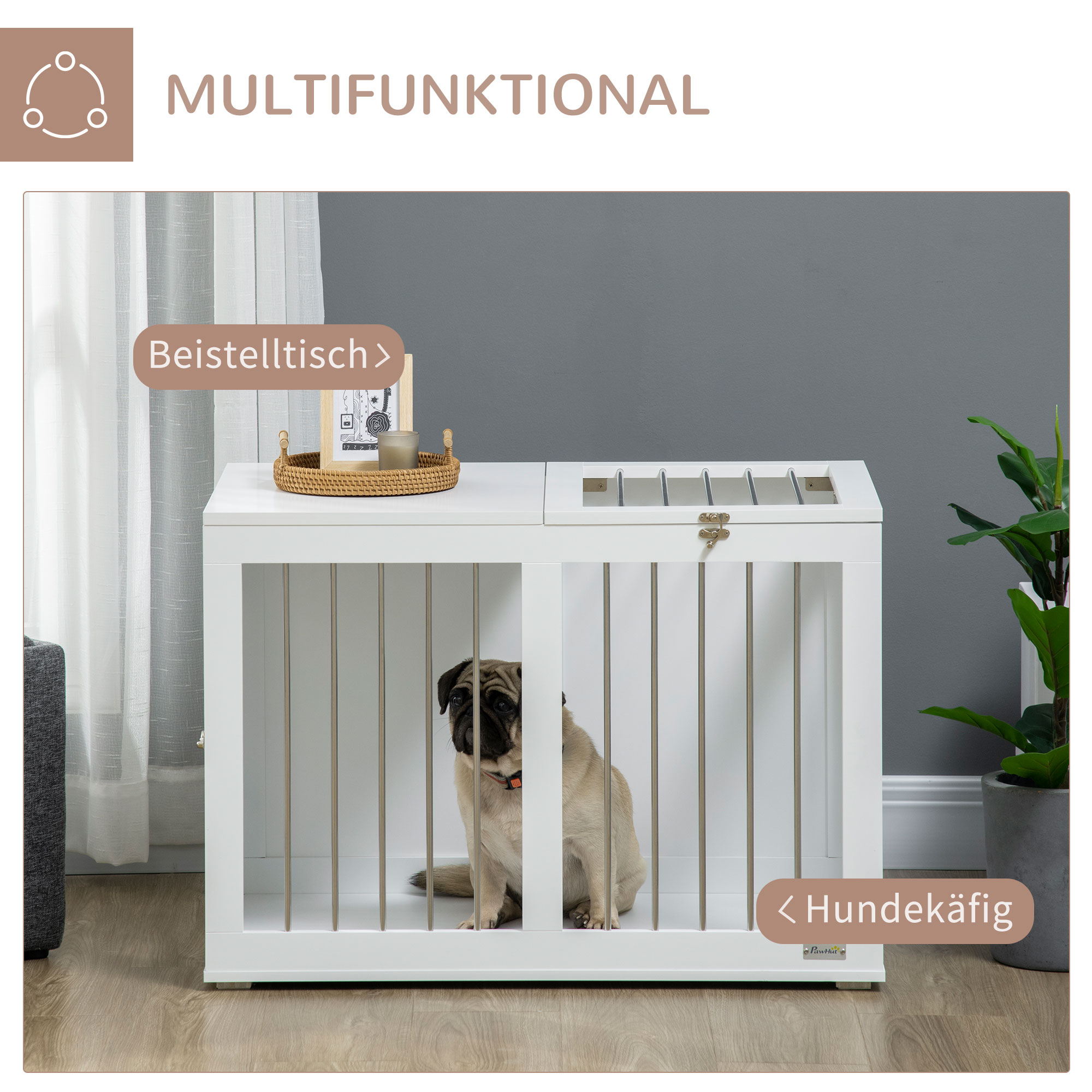 Hundekäfig mit 2 Türen, Hundebox, verriegelbar, Stahlgitter, 80 cm x 50 cm x 56,5 cm, Weiß + Silber