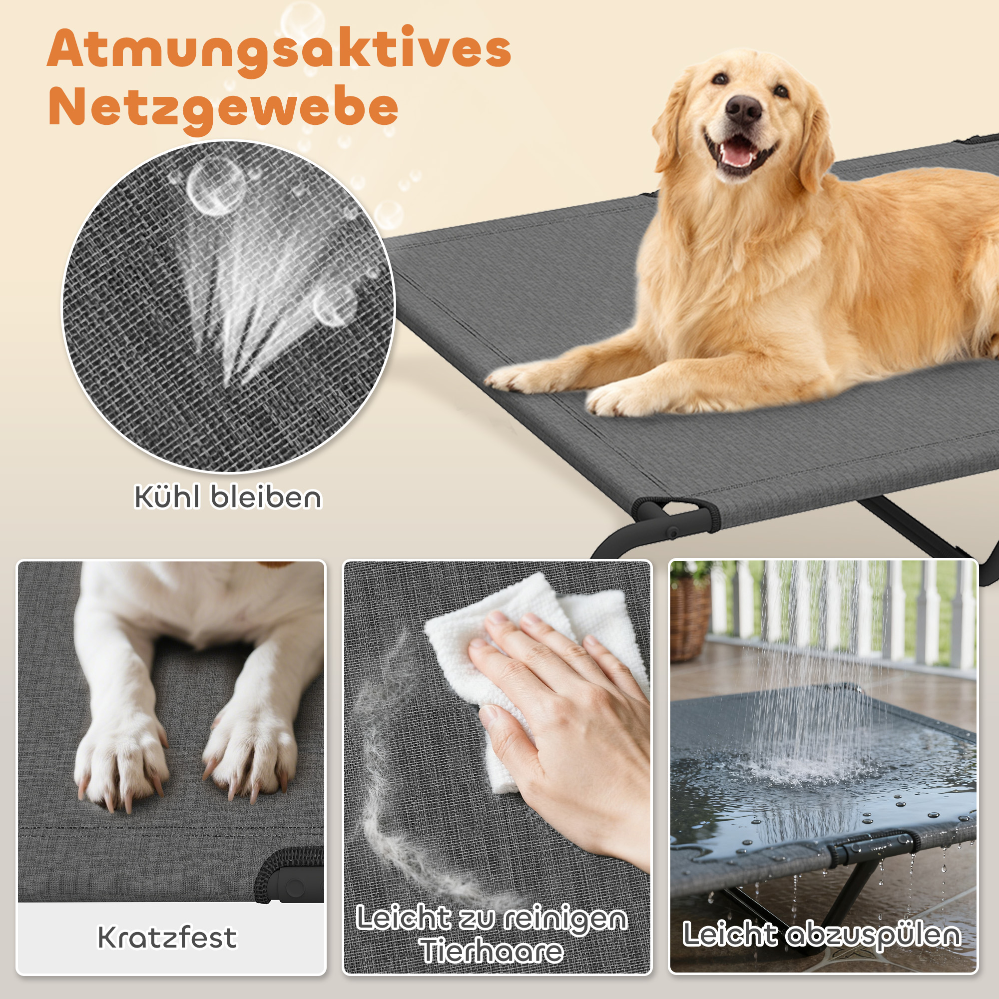 Hundeliege Outdoor, Erhöhtes Hundebett für große Hunde, mit Waschbares Mesh Stahlrahmen, 152 x 94 x 23 cm, Grau