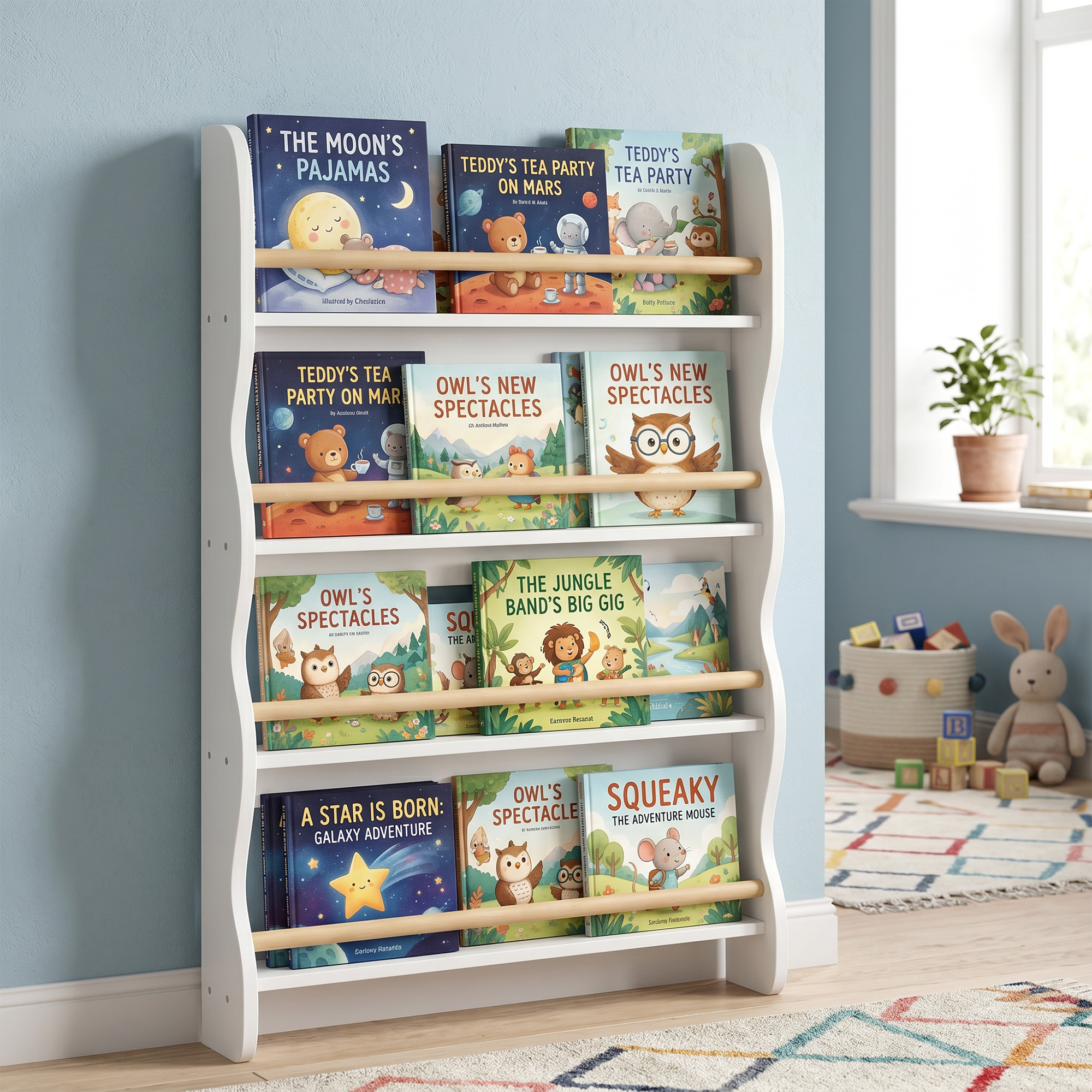 Bücherregal Kinder, Kinderregal mit 4 Regal, Wandregal mit Kippschutz Montessori 60 x 10 x 98 cm, Weiß