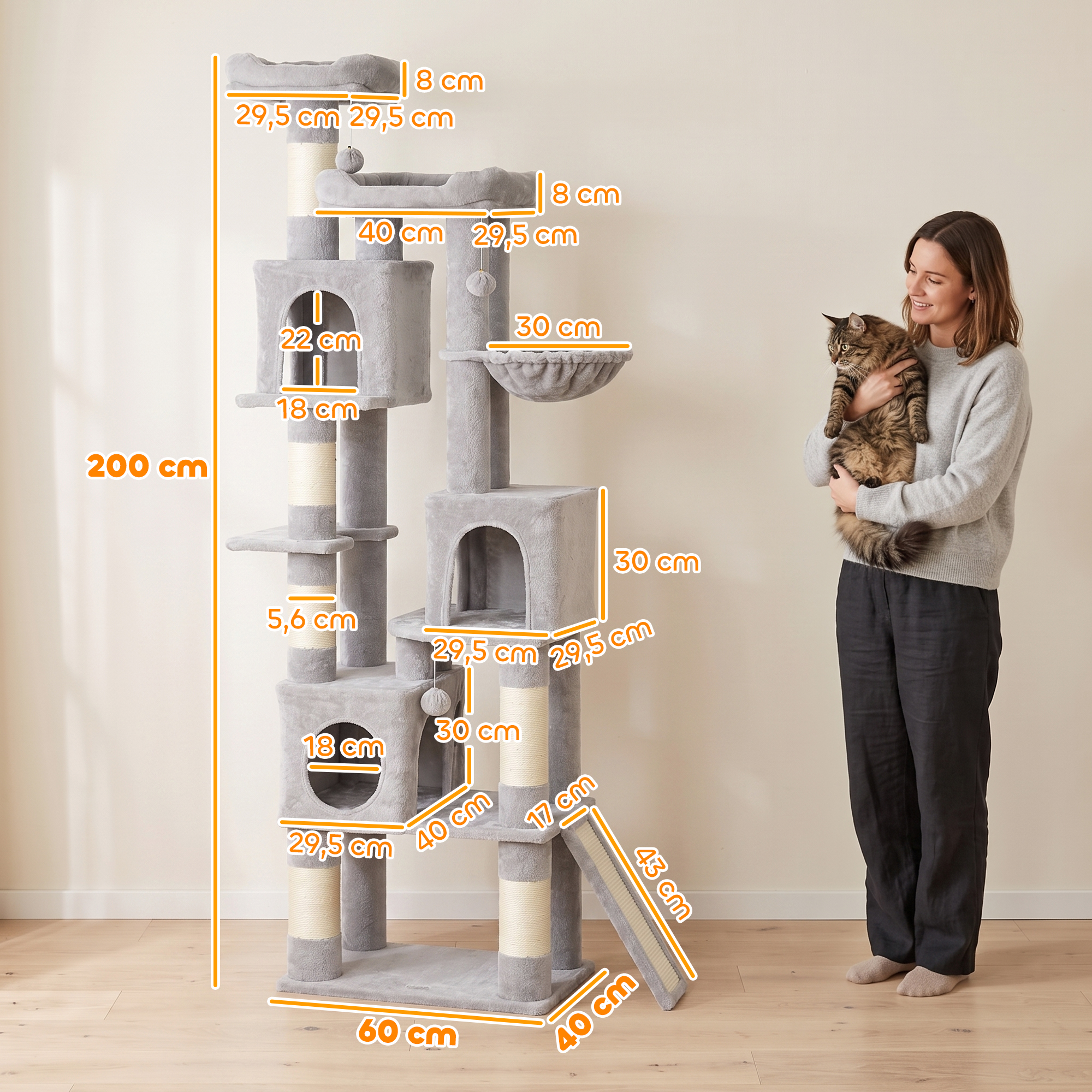 Kratzbaum groß, 200 cm hoch Katzenbaum mit 2 Betten, 3 Höhlen, Hängematte, 3 Bällen für 1-3 Katzen unter 6 kg, Hellgrau
