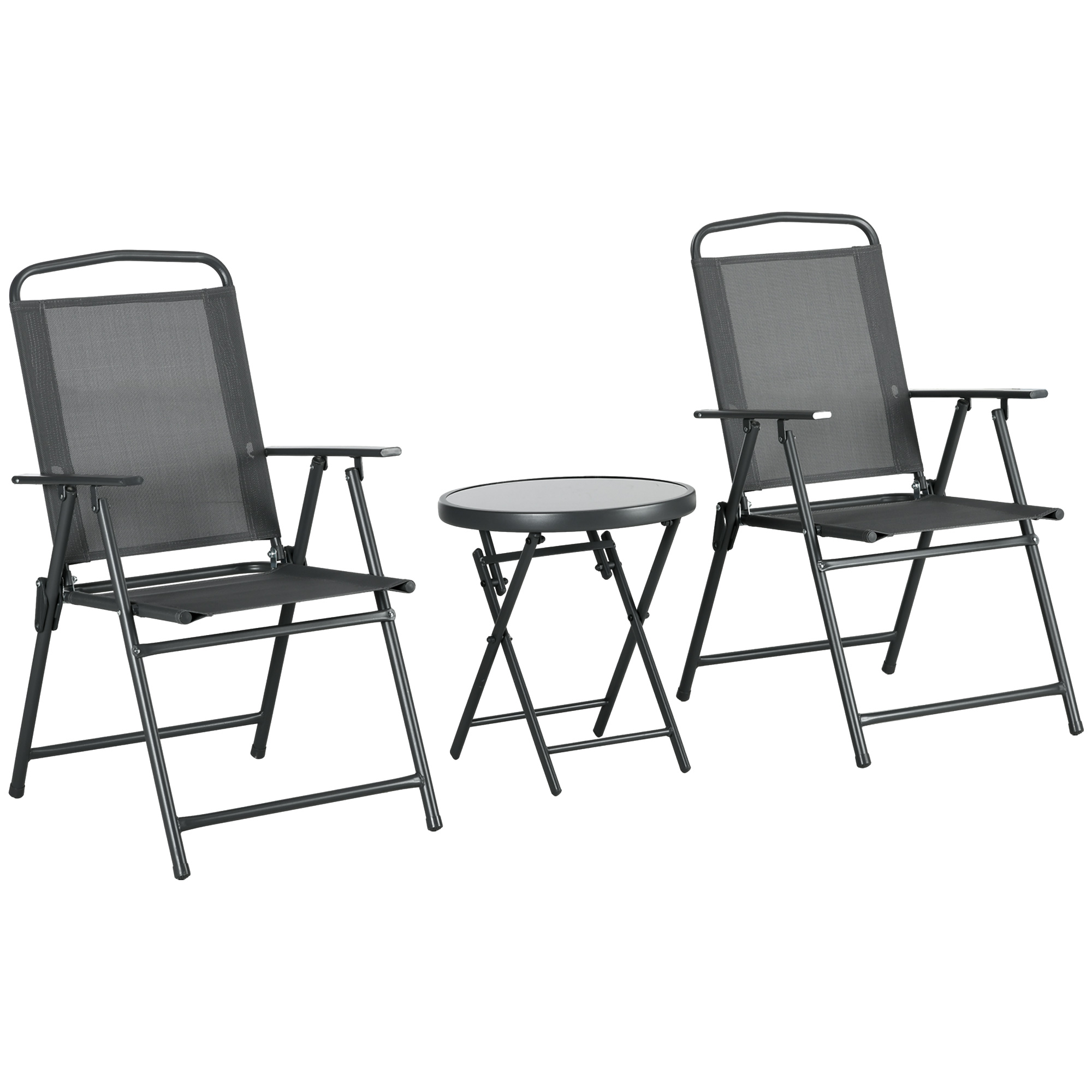 Bistro-Set 3-teilig aus Metall Wetterfest Gartenmöbel Set mit klappbar Glastisch Gartenstühlen Dunkelgrau Bistro-Set 3-teilig aus Metall Wetterfest Gartenmöbel Set mit klappbar Glastisch Gartenstühlen Dunkelgrau