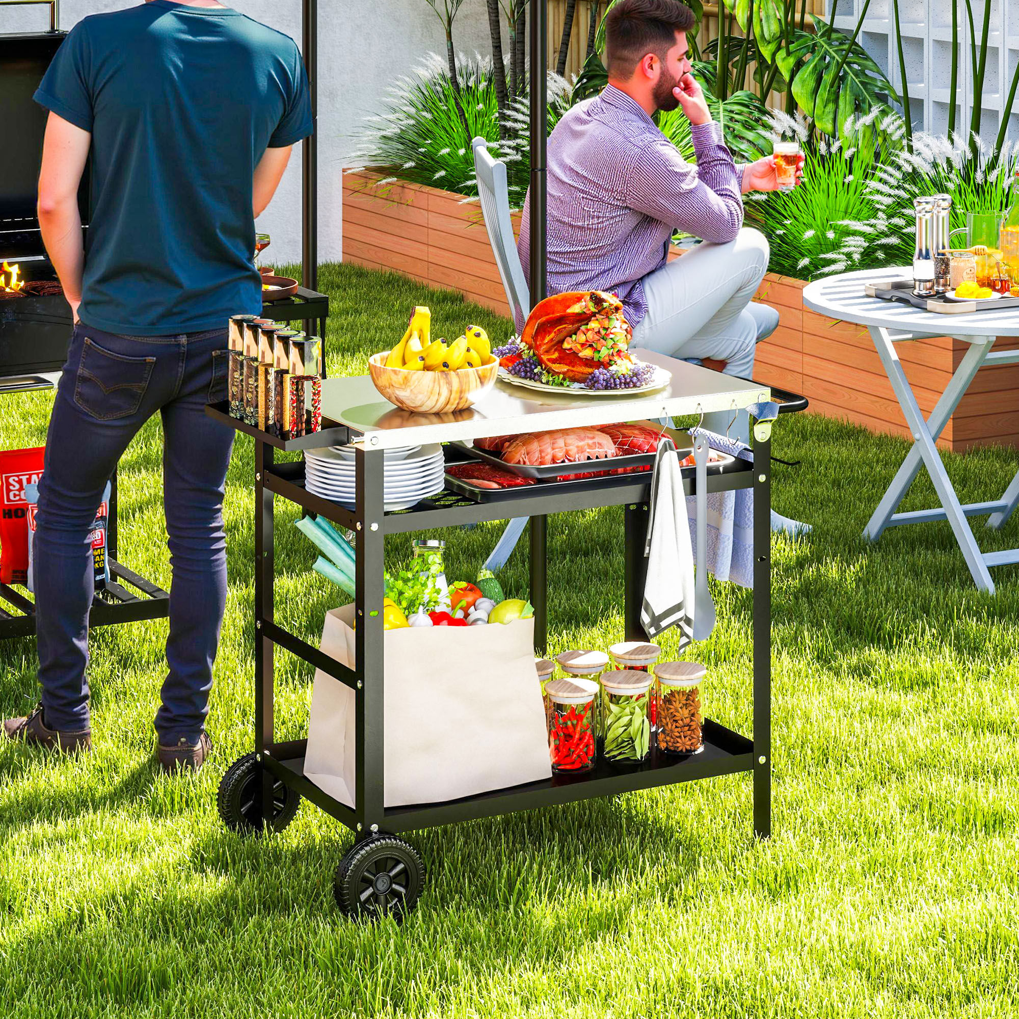 Grillwagen 3-Etagen Servierwagen mit Arbeitsfläche Griffe Hülle Räder, BBQ Grilltisch Edelstahl 100x52x80cm Schwarz