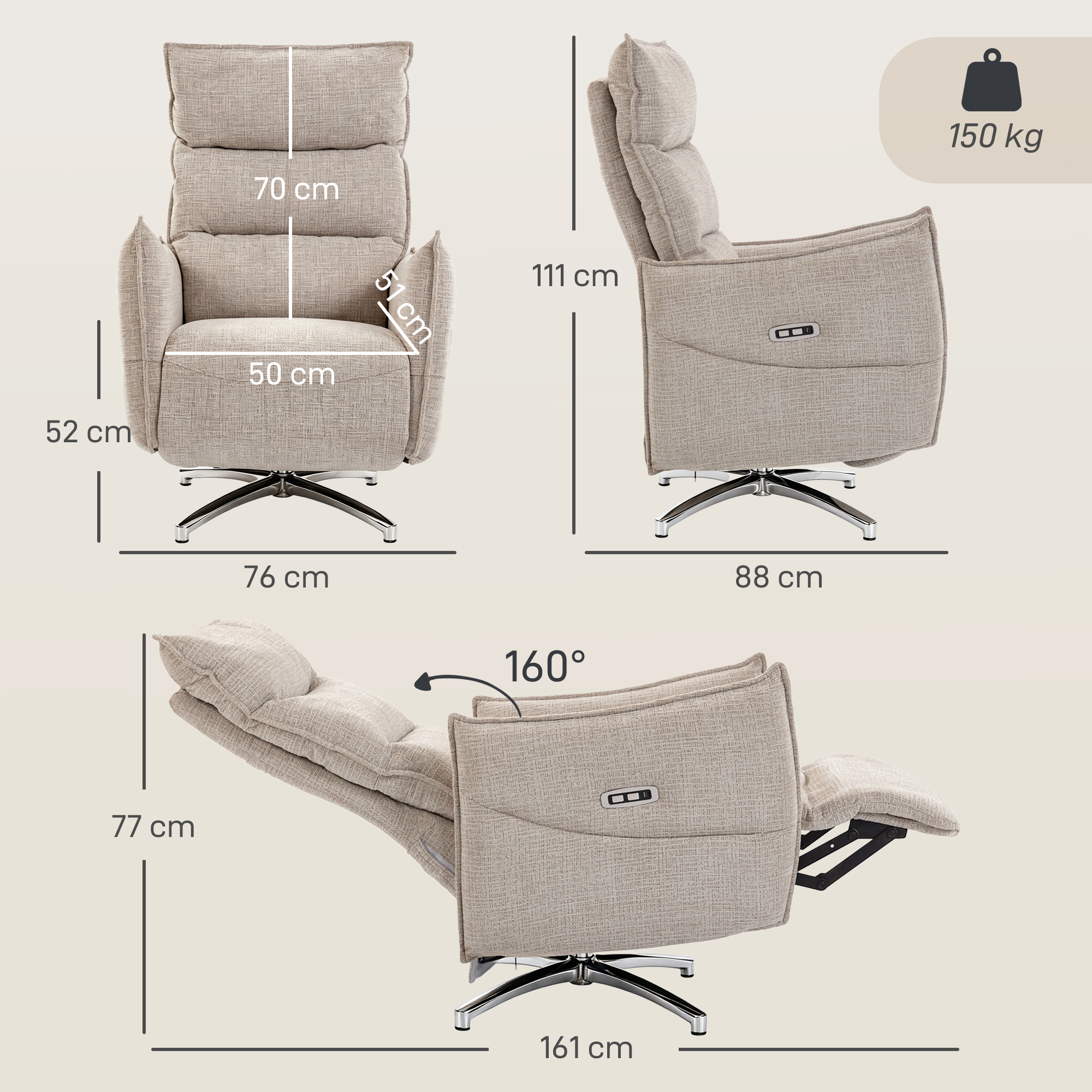 drehbarer elektrischer Relaxsessel für Erwachsene, Sessel mit Leinenoptik-Stoff und Ladeanschlüssen, Beige