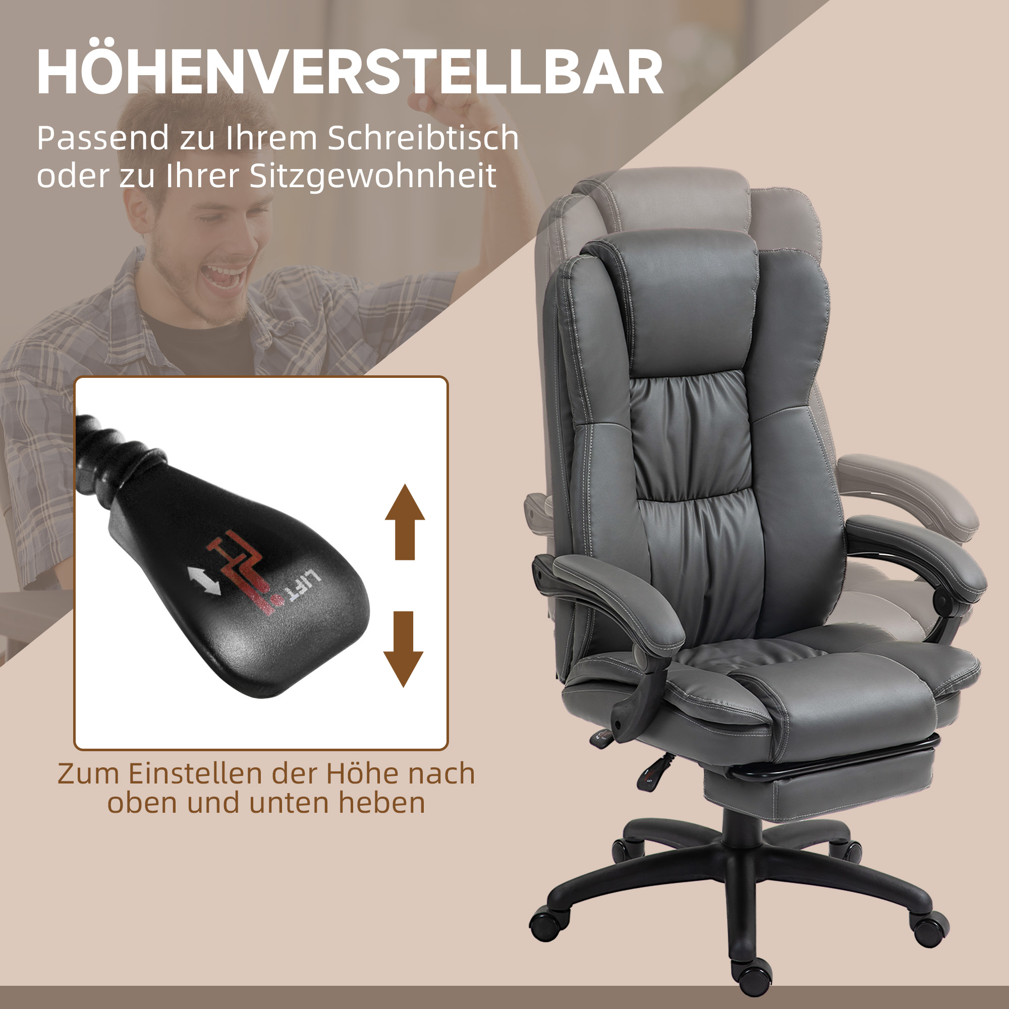 verstellbarer Drehstuhl mit Fußstütze, Kopfstütze, Massagefunktion, Kunstleder, 68,5x68,5x113-121cm, Dunkelgrau