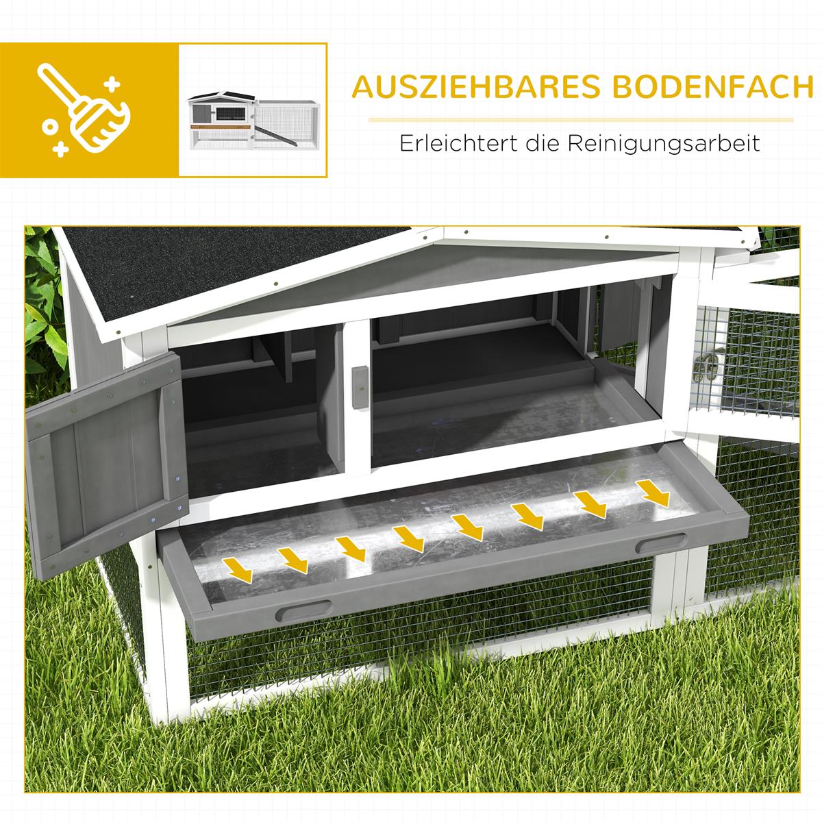 Kaninchenstall aus Tannenholz, Kleintierhaus mit Asphaltdach, Kleintiergehege, 156 x 58 x 68 cm, Hellgrau