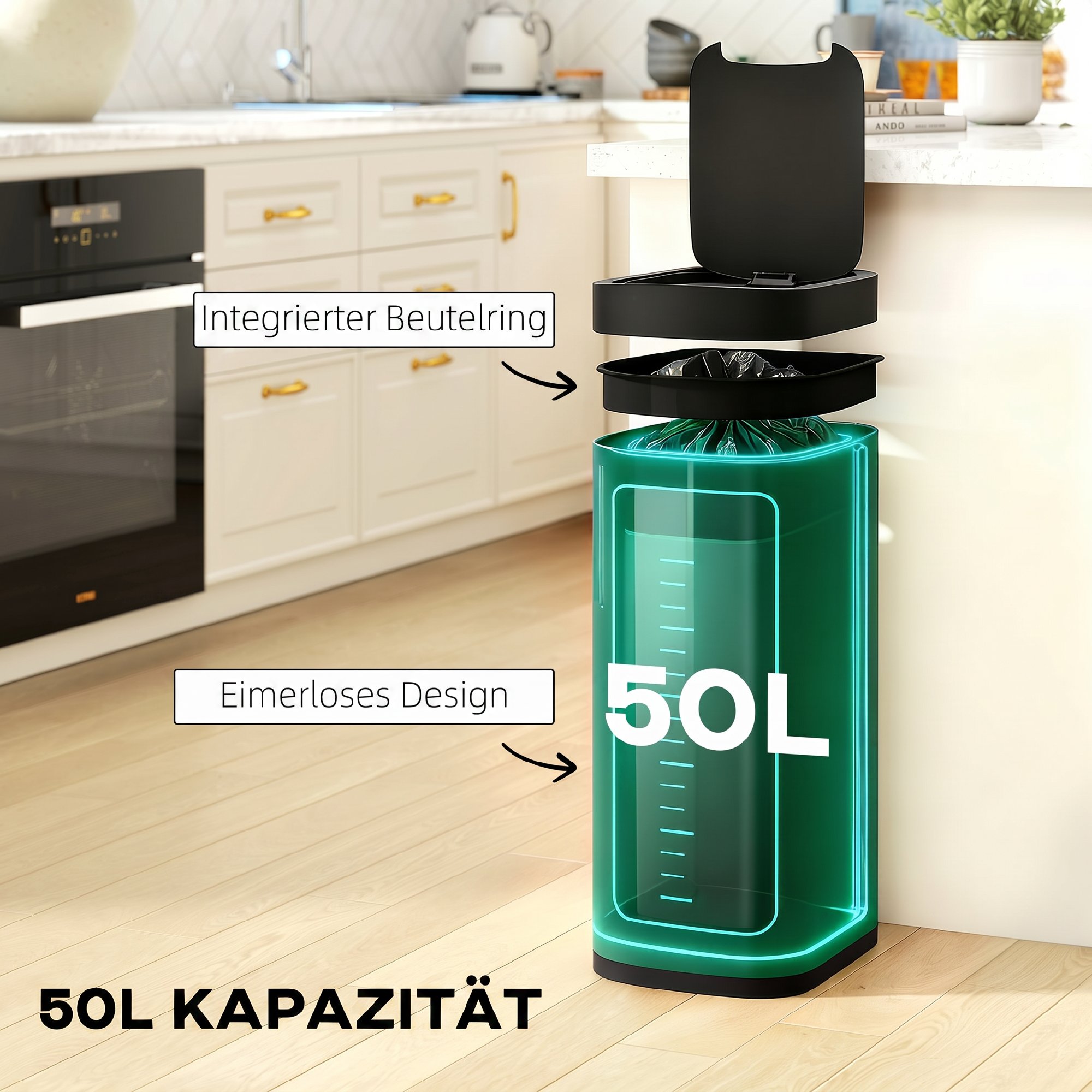 50L Sensor-Mülleimer, berührungslos Küchenmülleimer mit Bewegungssensor, fingerabdruckresistent