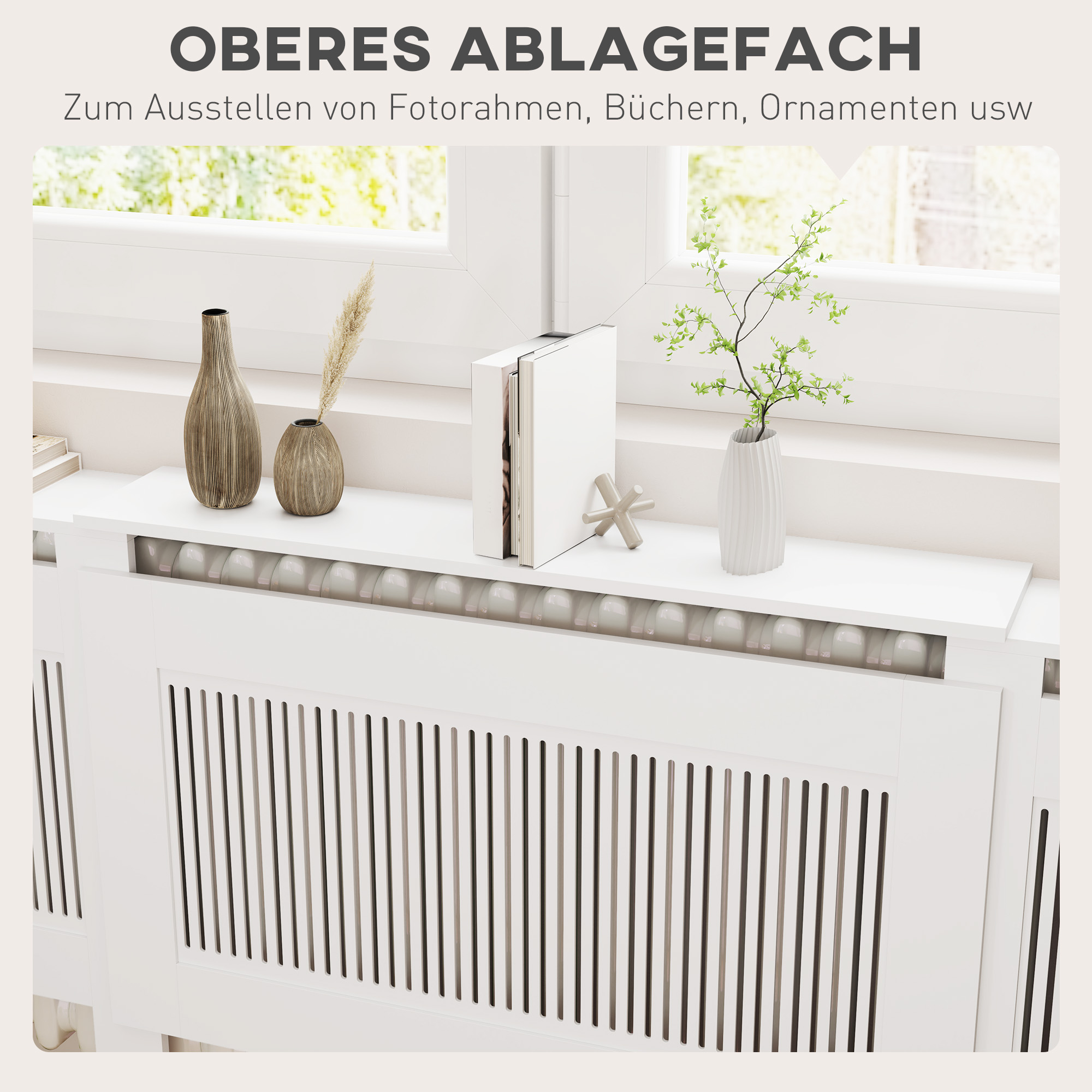 Heizkörperverkleidung, Lamellendesign, verstellbare Länge 125-201 cm, MDF, Weiß