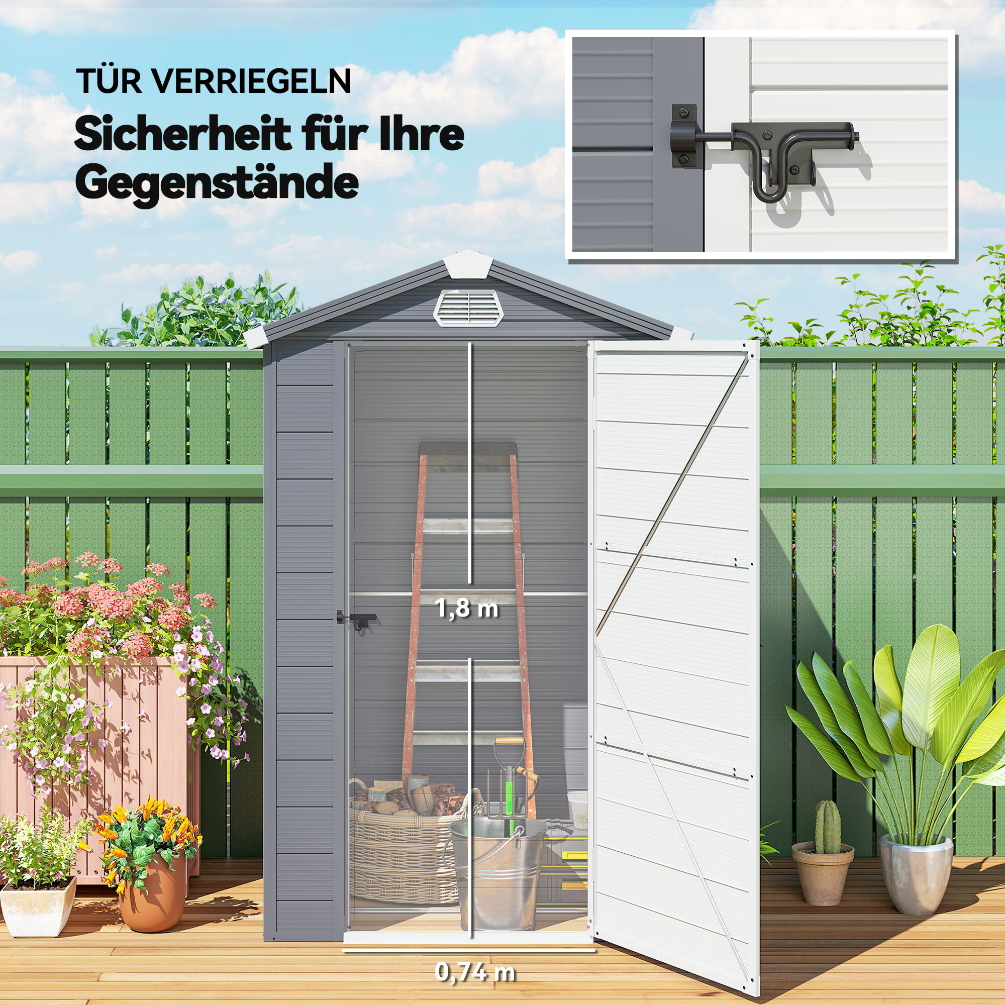 Gerätehaus, 1,1m², Gartenhaus mit Satteldach, 133 x 102 x 180/208 cm