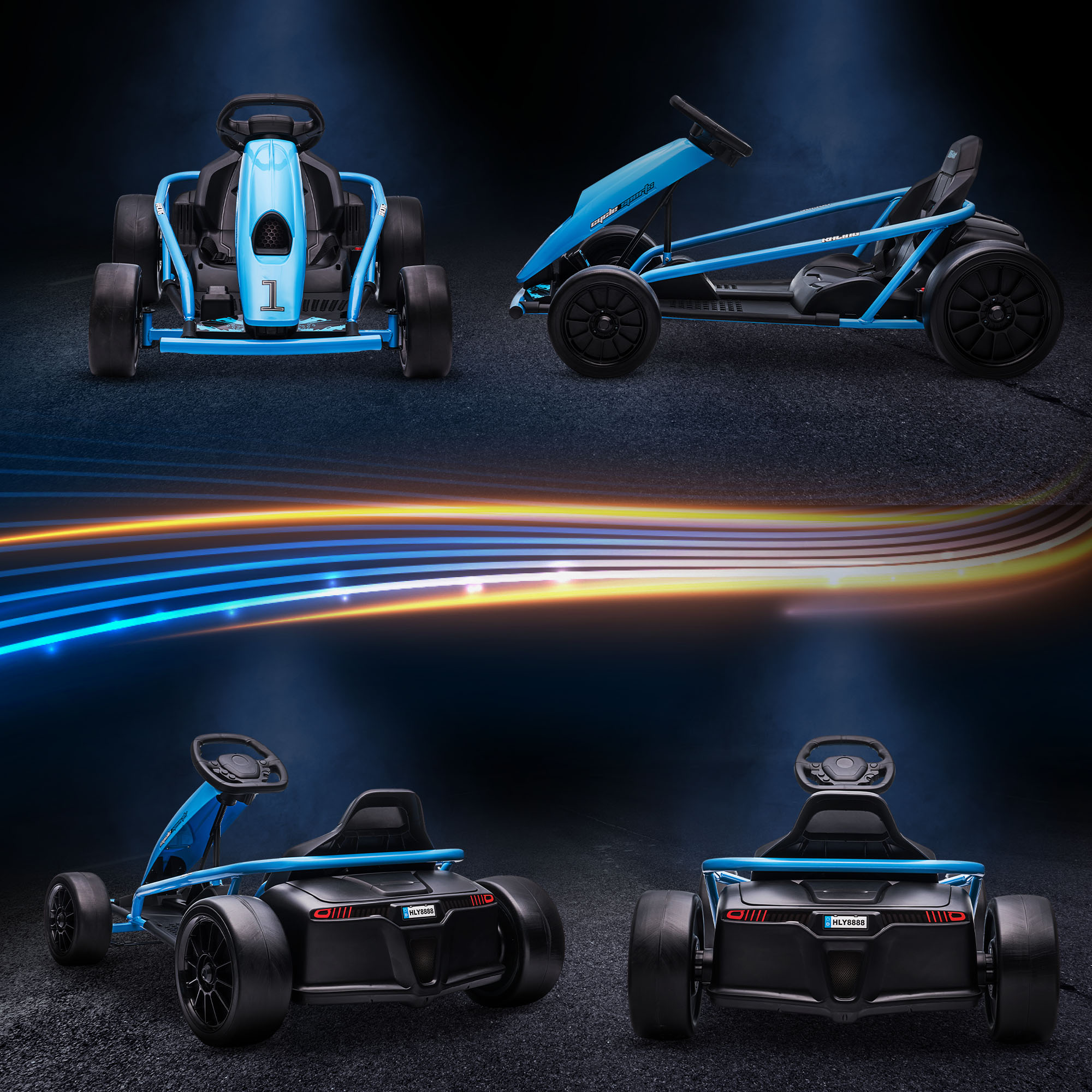 Elektro-Gokart für Kinder, Drift-Funktion, Hupe, Musik, Sicherheitsgurt, Soft-Start, Blau/Schwarz
