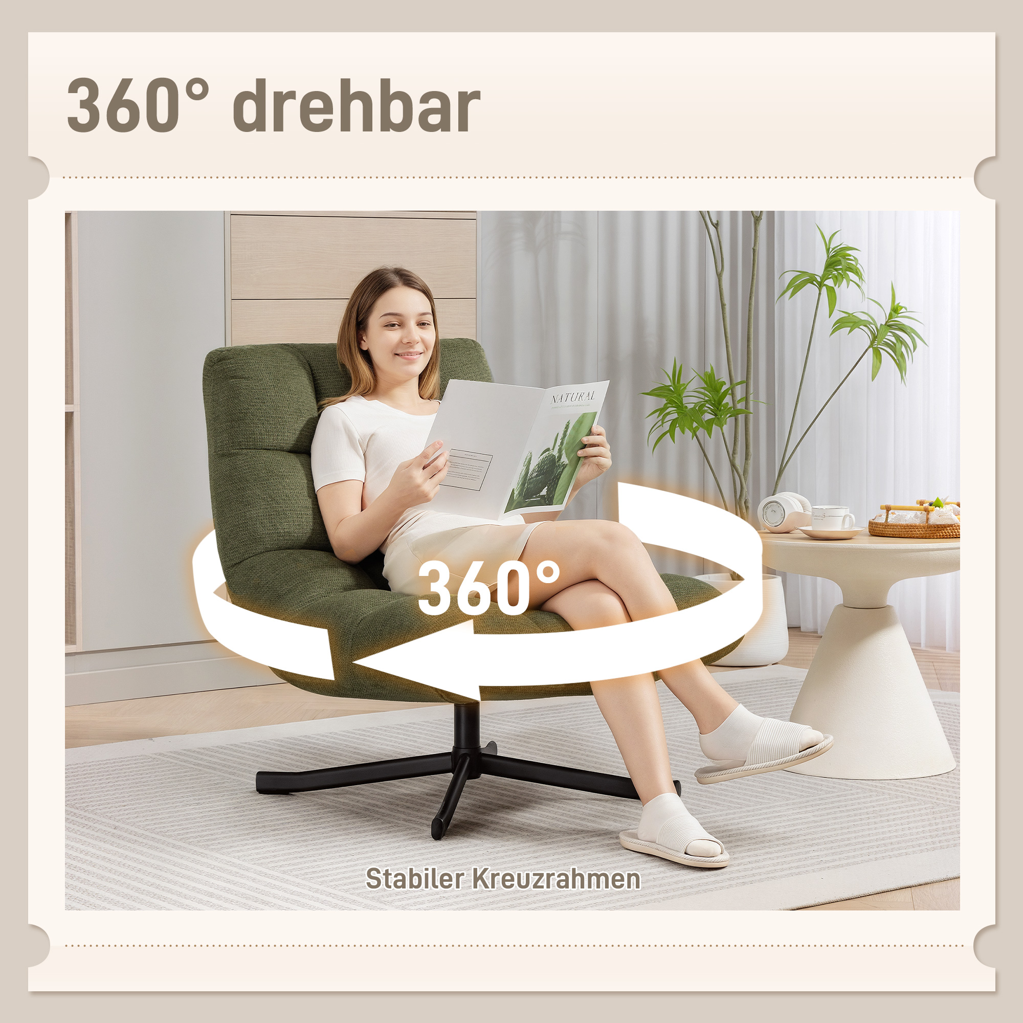 Sessel Drehbar Loungesessel mit Breiter Sitzfläche, wasserabweisend Chenille-Optik, gekreuzt Stahlbeine, Grün