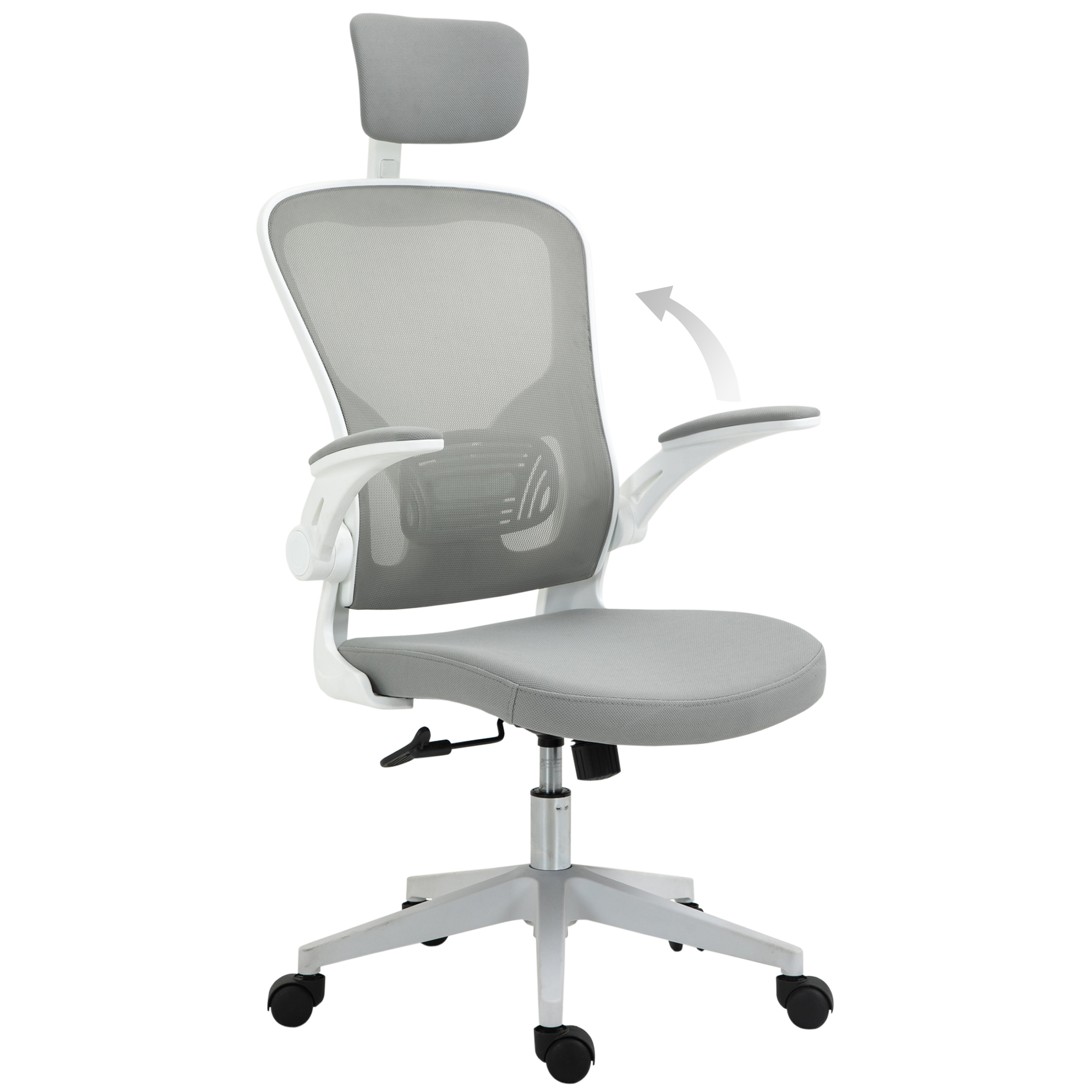 Bürostuhl ergonomischer Shreibtischstuhl mit Wippfunktion hoher Rückenlehne Lendenwirbelstütze Kopfstütze hochklappbarem Arm Home-Office Grau 65 x 64 x 114-122 cm