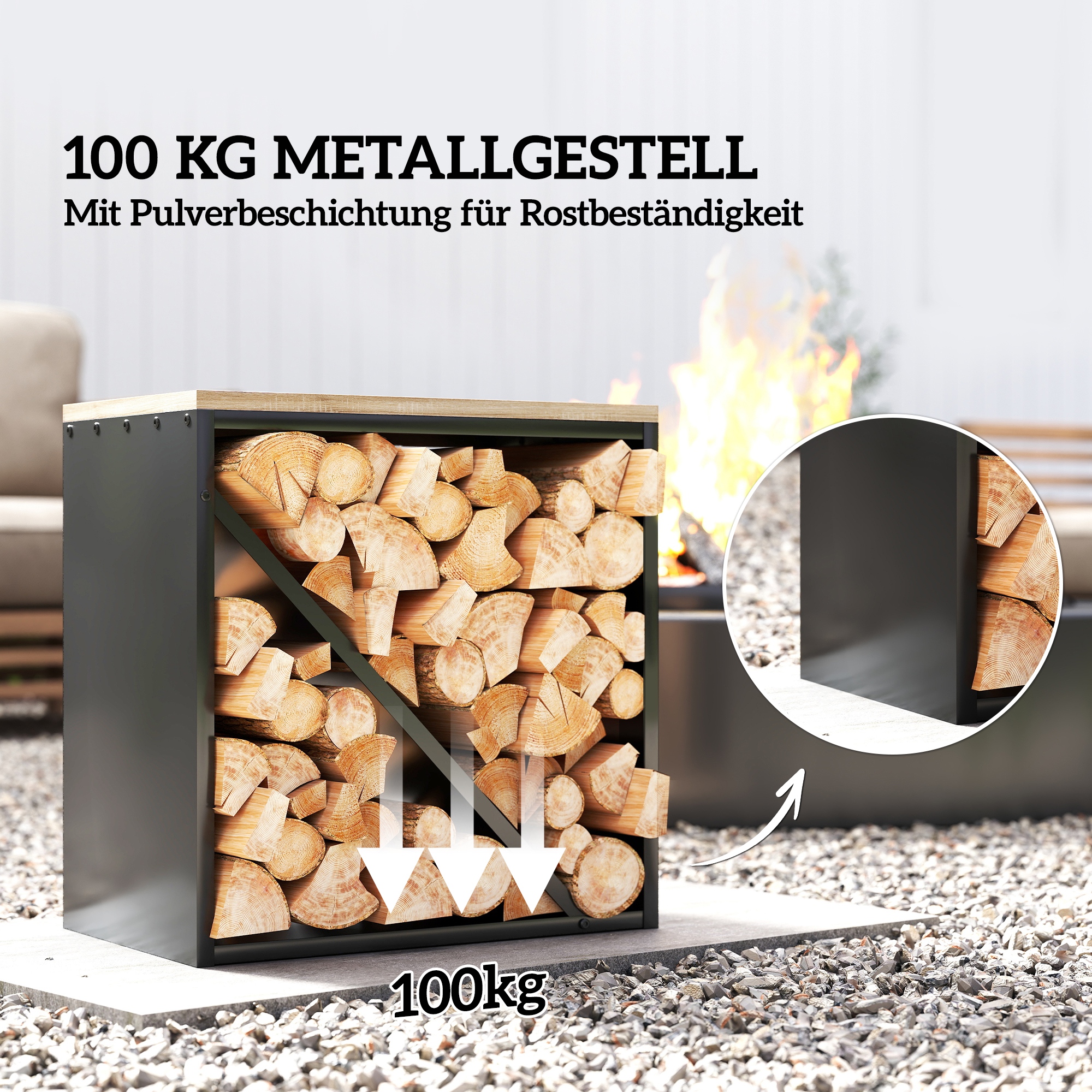 2-in-1 Kaminholzregal für innen 58 x 36 x 60cm erhöhtes Brennholzregal mit Trenner Metall Schwarz