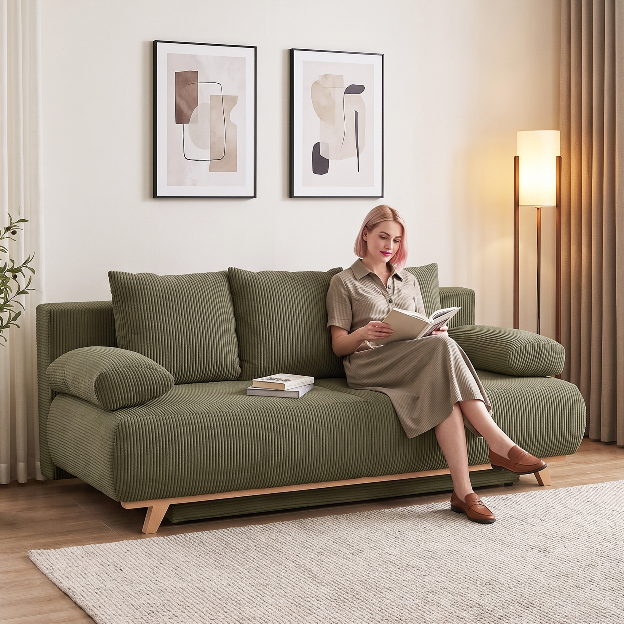 Schlafsofa mit verstellbarer Rückenlehne, Bettfunktion, verstecktem Stauraum und Cordbezug, Dunkelgrün