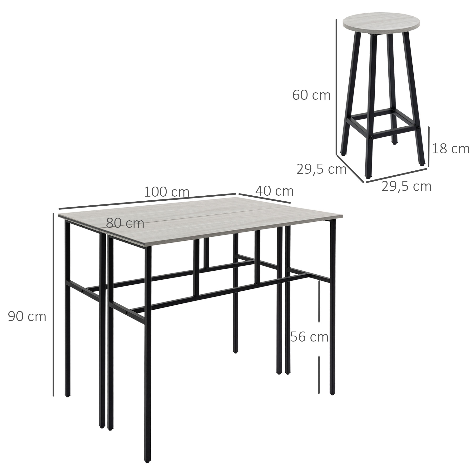 Bartisch-Set im Industriedesign, 6-teilig, 2 Tische und 4 Barhocker, Grau + Schwarz