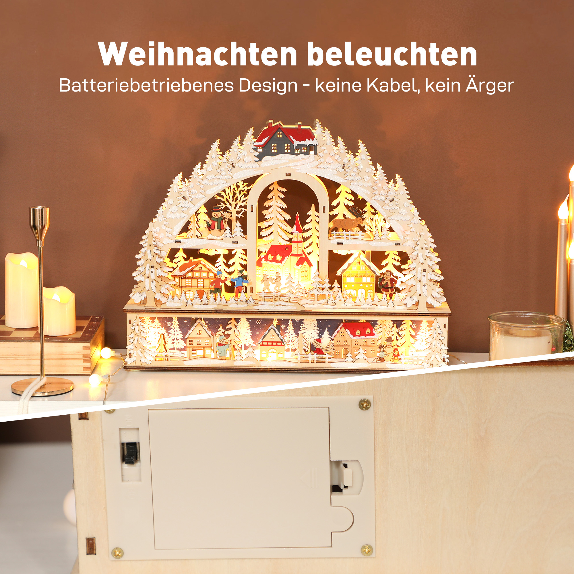 Weihnachtsdorf mit LED-Leuchtung, 45 cm Weihnachtsstadt mit Schneemann, Renntier und Bäume Naturholz