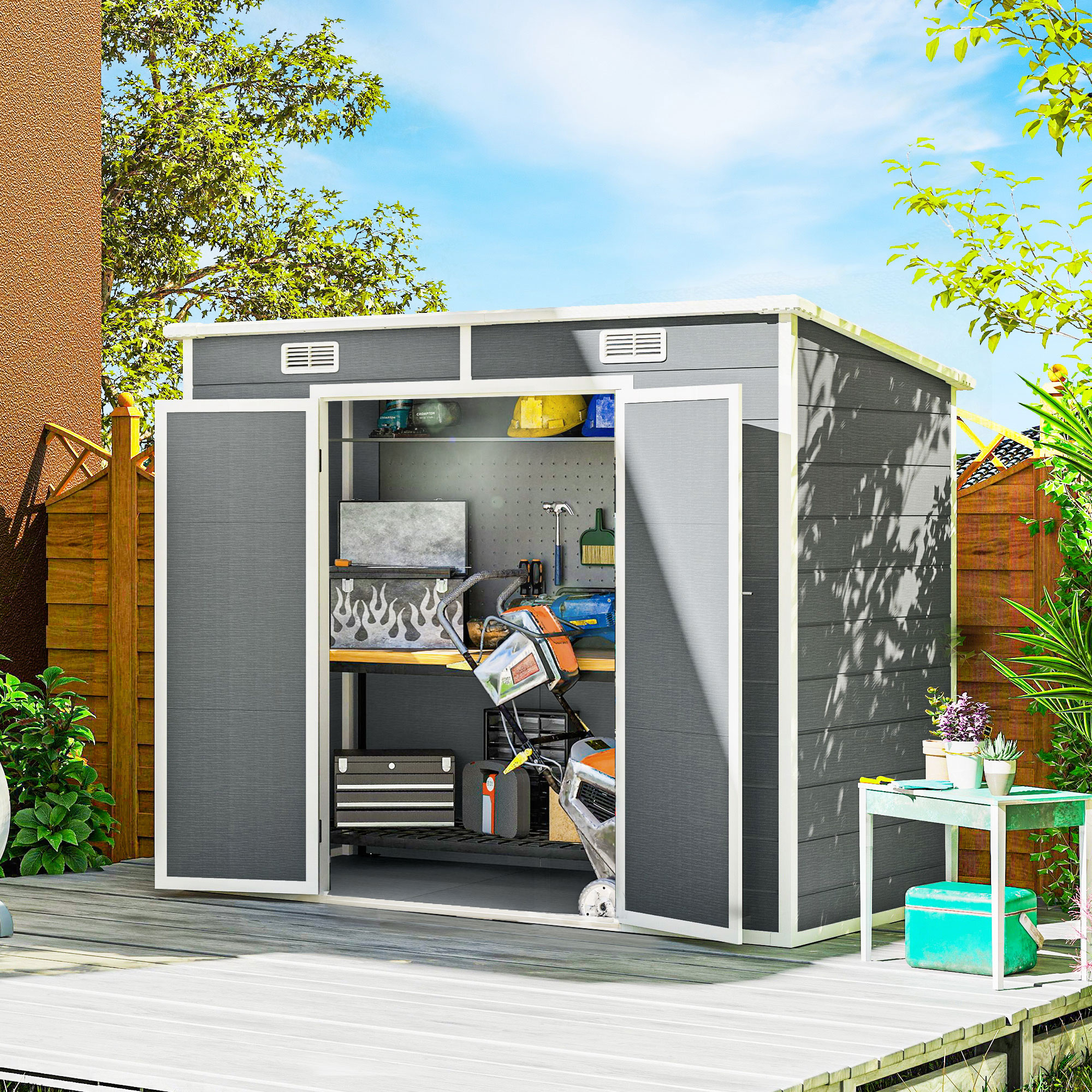 2,4 x 1,3 m Gartenschuppen, Kunststoff-Gartenhaus mit Boden, Fenster, verschließbare Türen, für Garten, Terrasse, Grau