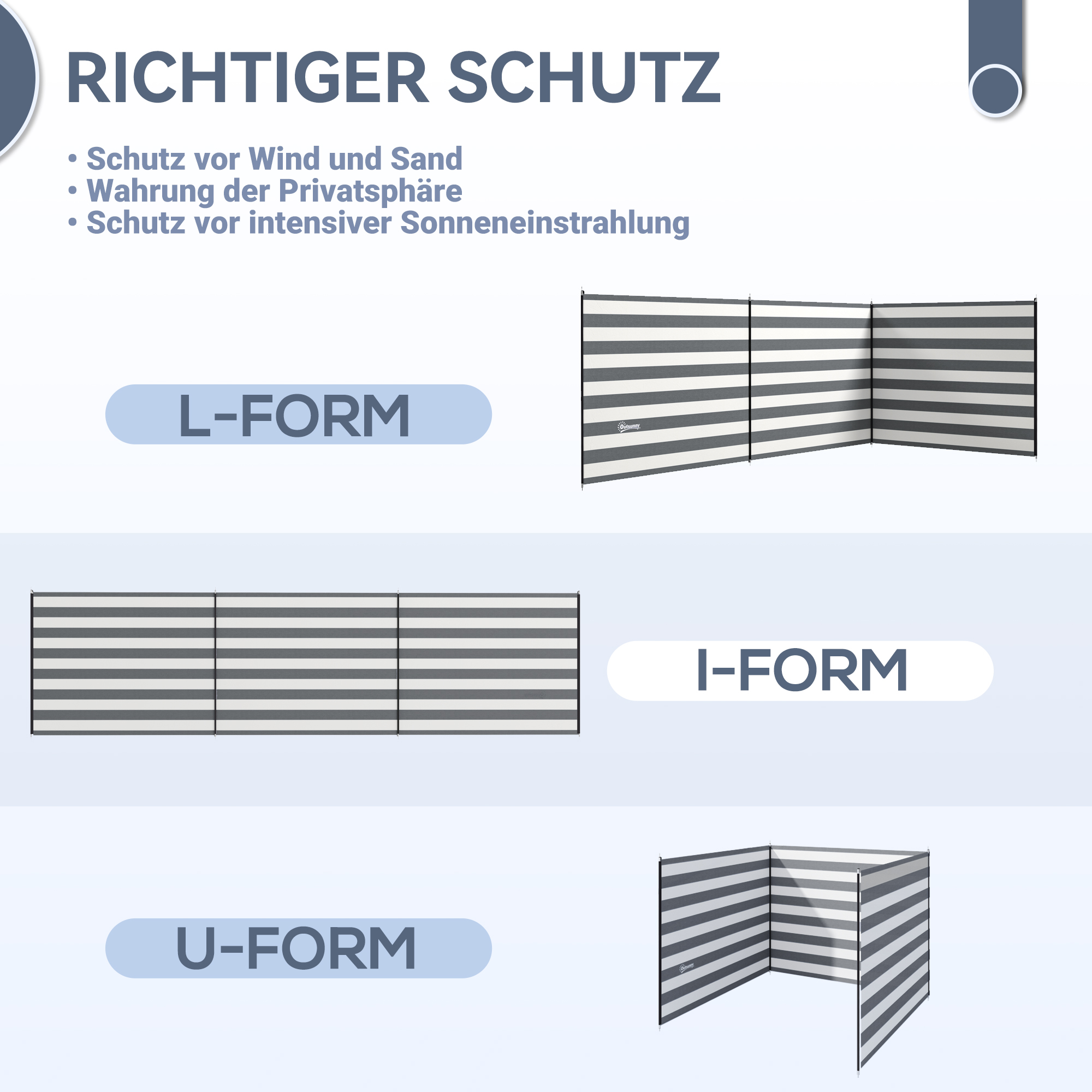 Windschutz Camping Sichtschutz mit 4 Stahlstangen Tragetasche Strandschutz für Camping Garten Strand 540 x 150 cm Grau+Weiß